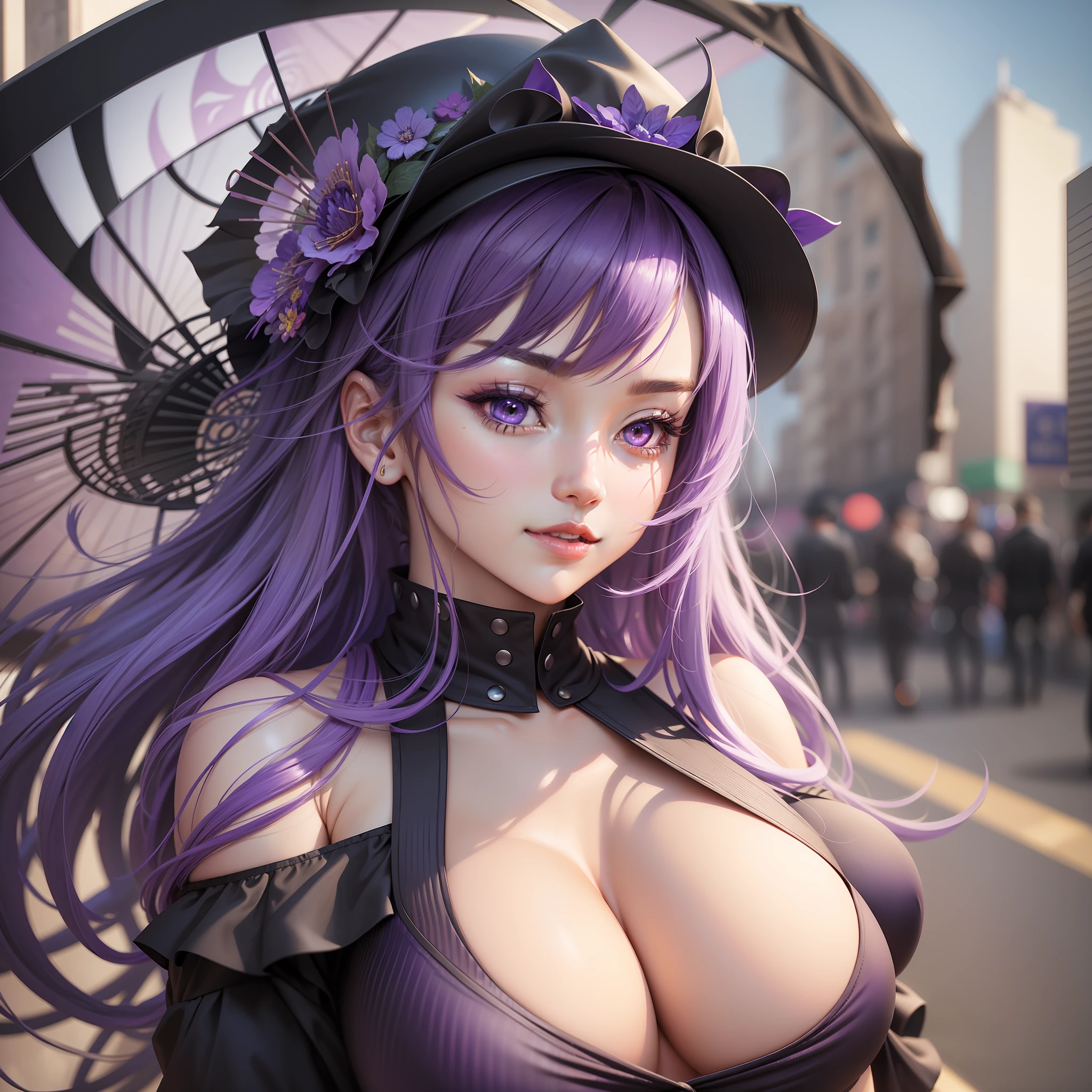 {High detailing, high quality, masterpiece, Artstation, pixiv, Anime Art 4k, cg art, SFW version} An anime girl, fair skin, [white skin: 0.8] anime girl with purple hair, anime style girl, doing a sensual pose, wearing a short ripped dress open at the belly, posing in a short dress torn in black color with violet details, wearing a black Japanese style hat, detailed body, tabby body, large thighs, large hips, thin waist [large breasts:  2.0], full breasts, large breasts, detailed eyes(eyes in high quality, eyes in color: purple), influence of the wind, [Background: big city, blue sky, daytime], Expression: Happy, smiling, smelling, Surrealism, Conceptual art, high detail, Pop art, Hyperrealism, anime style, depth of field, cinematic lighting, ray tracing, reflection light, UHD, masterpiece, textured skin, high quality, high details, super detail,  best quality, 8k