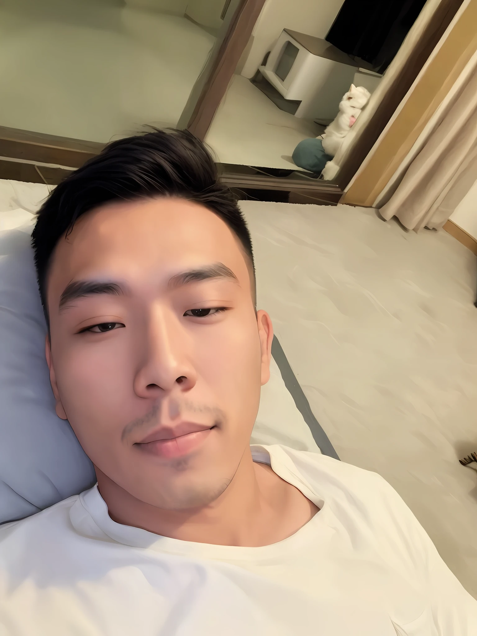 There is a man lying on the bed, a cat on the floor and a superb beauty, 2 5 , Asian male, fine face, 8K, perfect details
