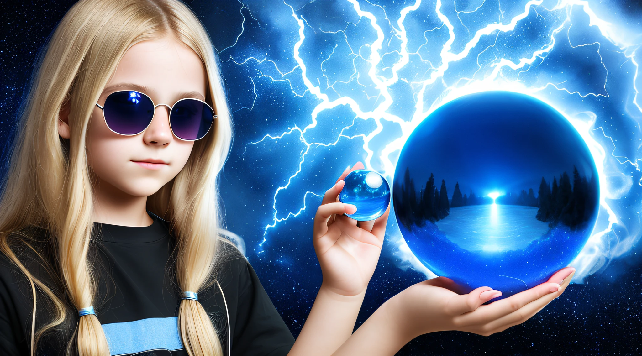 14 YEAR OLD CHILD GIRL WITH SUNGLASSES, WITH LONG BLONDE HAIR, holding a blue ball in her hands with smoke enveloped by lightning and a dark transparent blue, super realistic coming out of it,.crystal ball, holding a crystal ball.