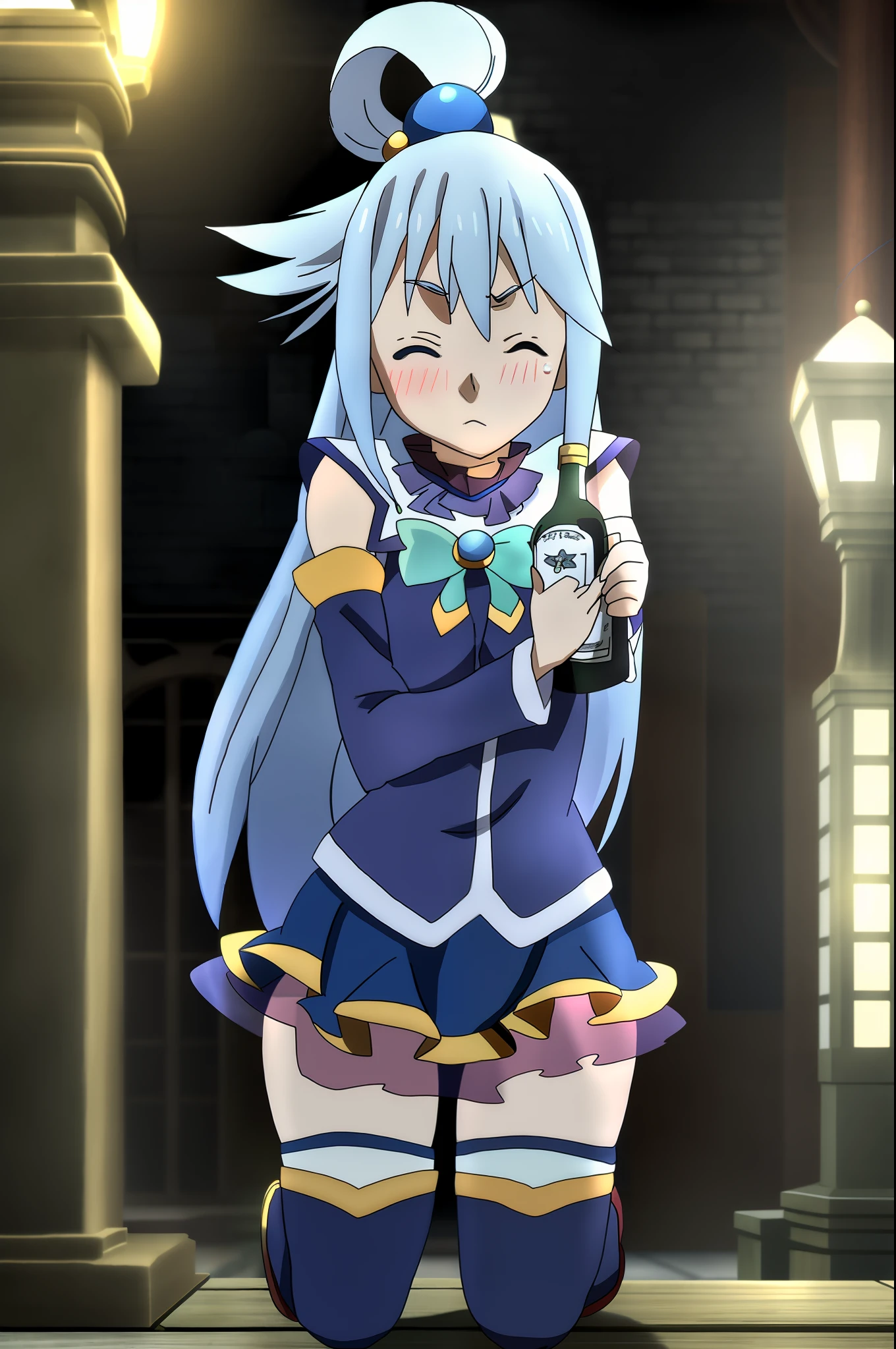 Adventurer's guild; Aqua, blushing, crying, holding bottle, on her knees, eyes closed