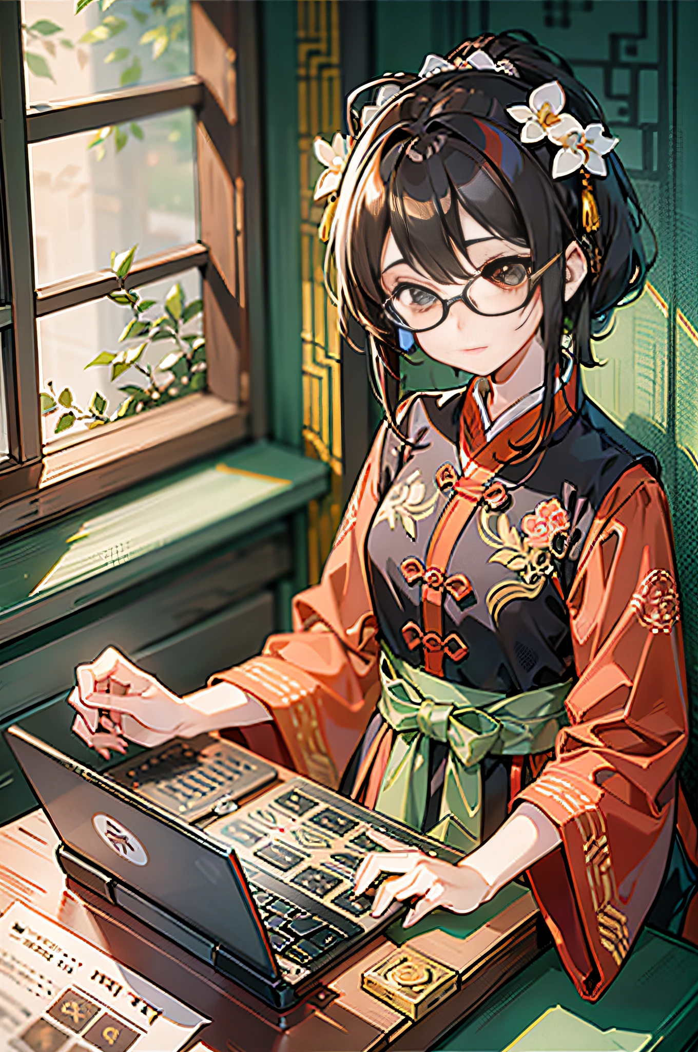 In the background is a Chinese Tang Dynasty study, a young girl with glasses dressed in Tang Dynasty Han costume uses a laptop with a guzheng next to it, with gorgeous details and high resolution