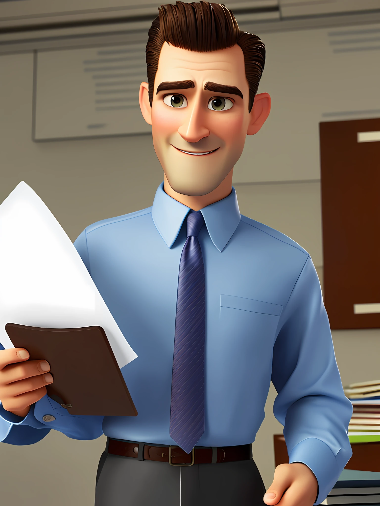 pixarstyle a waist-length portrait of a man in a office shirt, smirk, folder with documents in his hands, office, natural skin texture, 4k textures, hdr, intricate, highly detailed, sharp focus, cinematic look, hyperdetailed