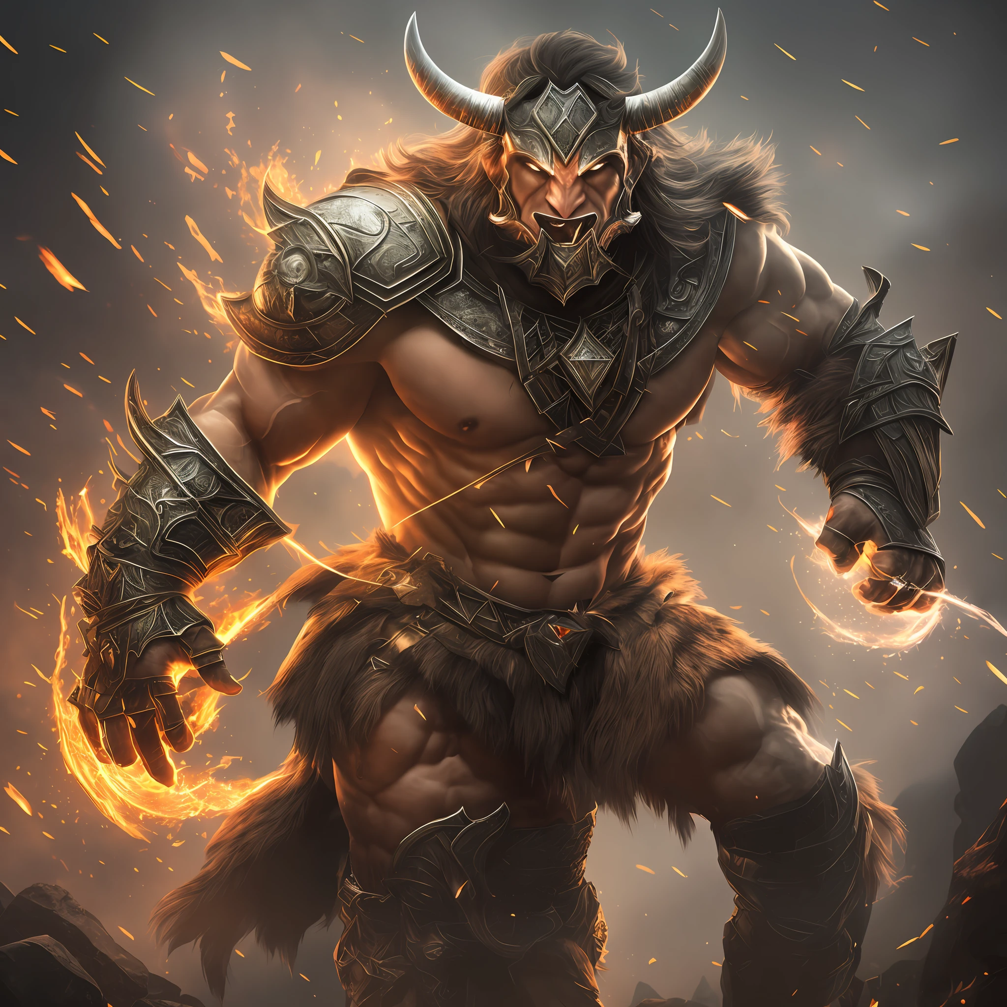 Male minotaur berserker, (8k unit wallpaper CG extremely detailed, masterpiece, best quality, ultra-detailed) (a background of magic and mystery, fireflies, bright particles, ethereal mist and a touch of darkness), high saturation, cinematic light, edge lighting, best shadow --auto --s2