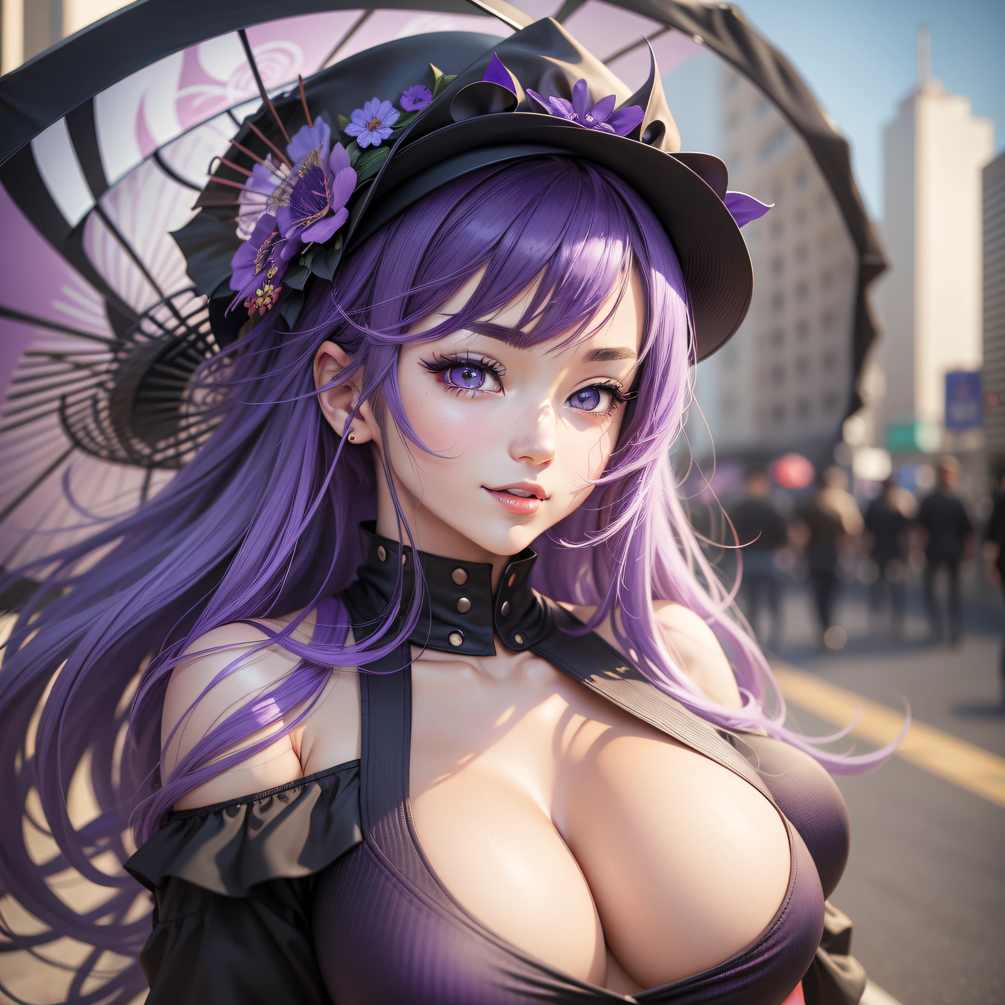 {High detailing, high quality, masterpiece, Artstation, pixiv, Anime Art 4k, cg art, SFW version} An anime girl, fair skin, [white skin: 0.8] anime girl with purple hair, anime style girl, doing a sensual pose, wearing a short ripped dress open at the belly, posing in a short dress torn in black color with violet details, wearing a black Japanese style hat, detailed body, tabby body, large thighs, large hips, thin waist [large breasts:  2.0], full breasts, large breasts, detailed eyes(eyes in high quality, eyes in color: purple), influence of the wind, [Background: big city, blue sky, daytime], Expression: Happy, smiling, smelling, Surrealism, Conceptual art, high detail, Pop art, Hyperrealism, anime style, depth of field, cinematic lighting, ray tracing, reflection light, UHD, masterpiece, textured skin, high quality, high details, super detail,  best quality, 8k