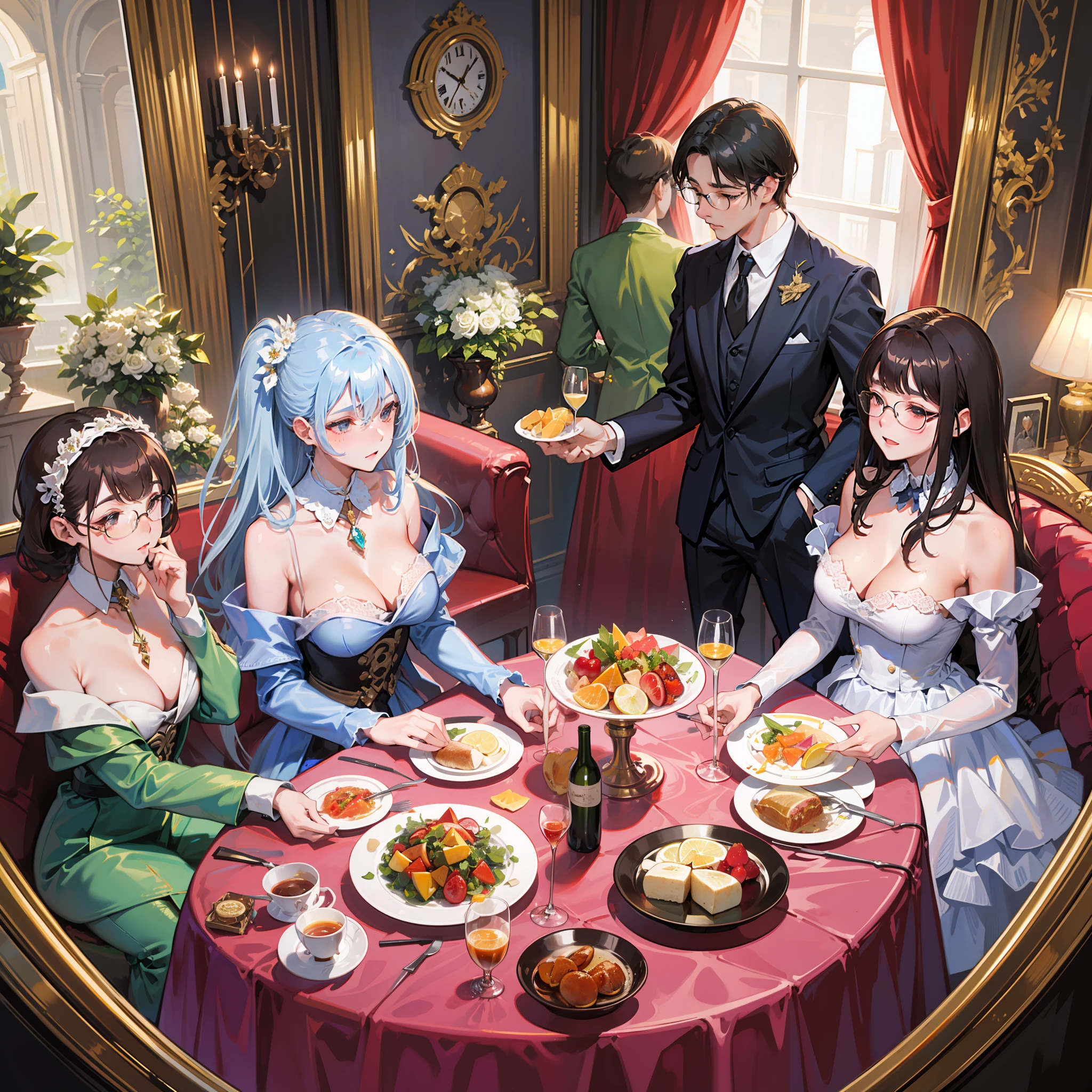 A grand celebration of classic elegance, with a sea of people dressed in their finest attire, toasting with glasses of sparkling wine and juice.