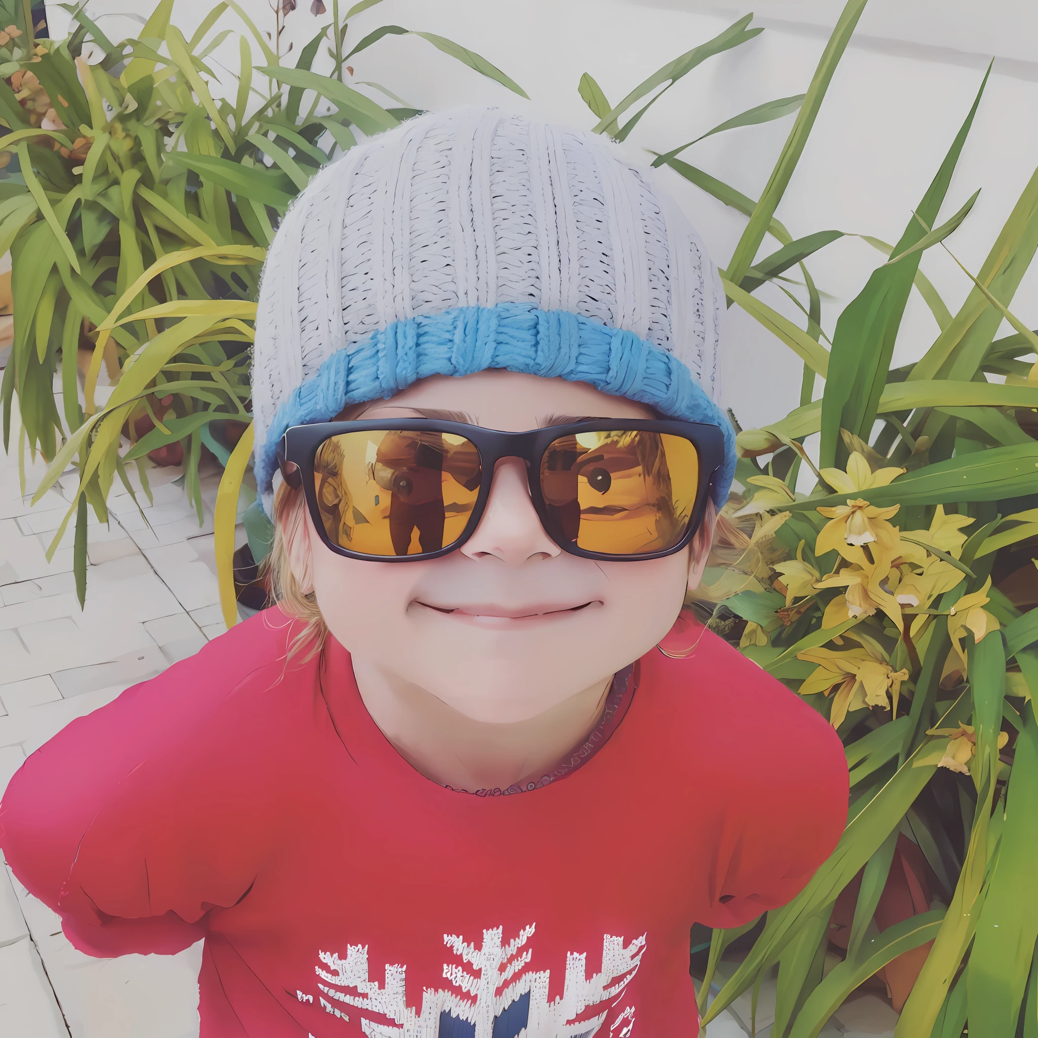 Child wearing sunglasses and knitted hat, with super man's suit