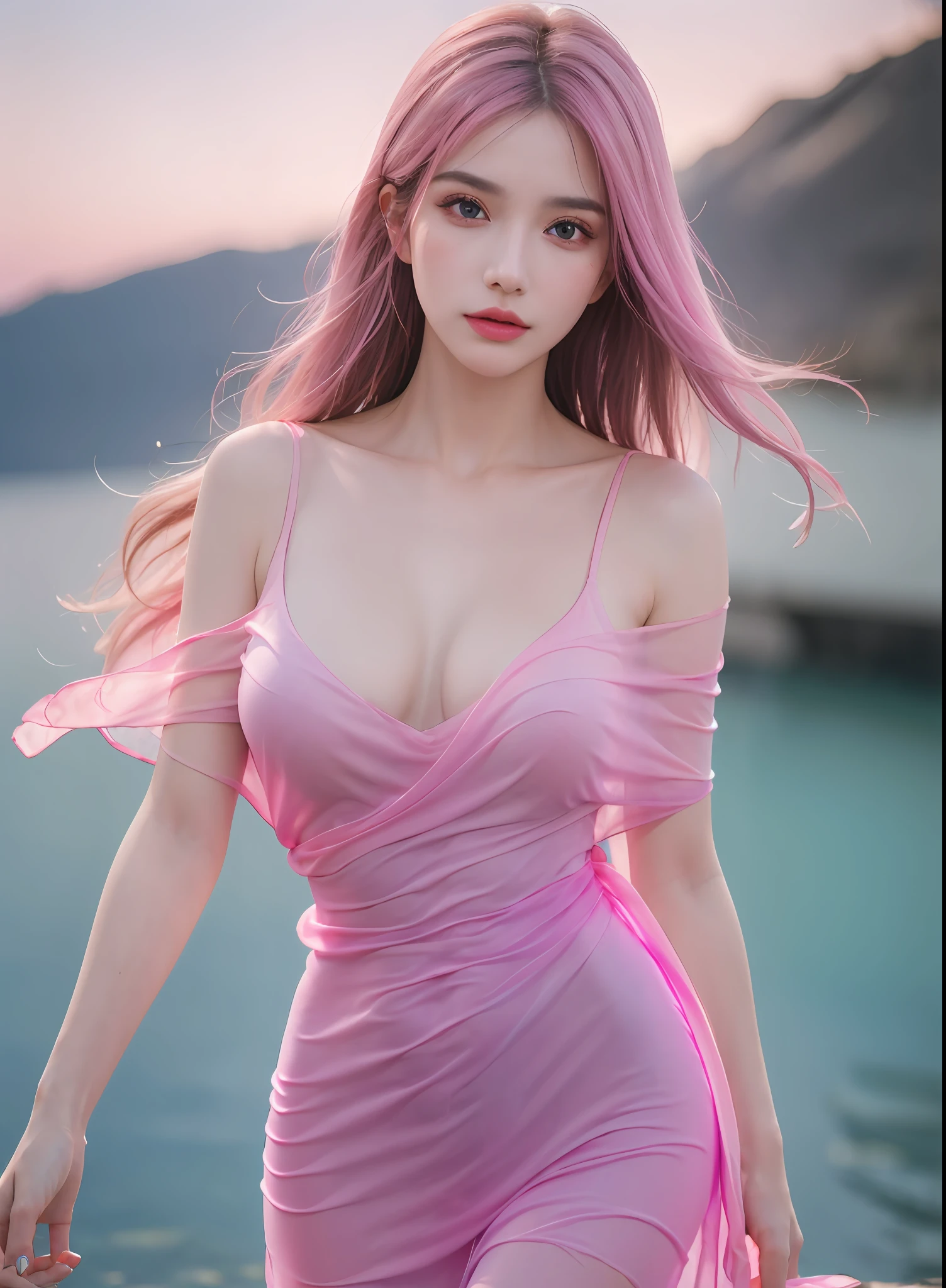Best Quality, Masterpiece:1.4), (Realism:1.2), (Realisitc:1.2), (Absurdres:1.2), 4K,(photorealistic:1.3), Detailed, Ultra-Detailed, Digital Art,1 girl,colorful,Solo,Realistic Skin, beautiful detailed eyes, symmetric eyes,Large Breasts, See Through, Pink Sheer Dress,Night, Outdoors,Cowboy Shot, Windy,