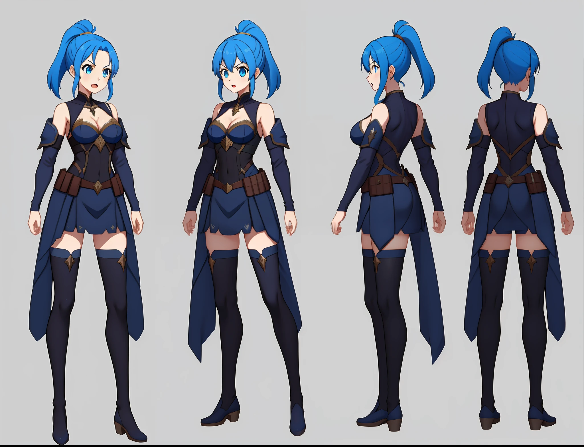 hinghoi, best quality, 1girl, (open mouth), breasts, flat chest, no cleavage, light blue hair, eye hair, split ponytail, navy blue eyes, wearing knightly armor without jewelry or ties, white background, simple background, back, multiple views, concept art, reference sheet, average female breasts, close plan
