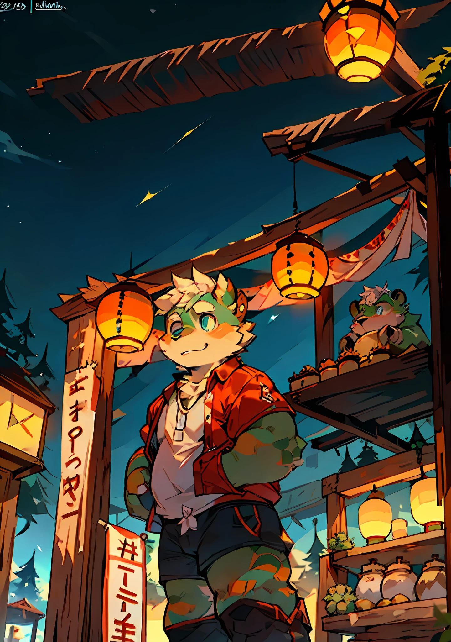 (At night), a little bear orc is playing the festival, the little bear orc is only wearing a yellow-blue vest and an orange shorts, the bear orc is fatter, with white fur and blue eyes, there is a barbecue stall on the left of the bear orc, with chicken wings ham and lamb on it, there is also a row of lanterns on the barbecue stall, the barbecue stall is a tiger orc, the tiger orc has yellow fur, wearing a pair of black shorts, the bear orc has a wooden frame on the left, there are various wooden signs for blessings on the wooden frame, and there are also several shelves next to the wooden frame, It is full of lanterns, and in the distance behind the little bear orcs is a lake, and there are many Kong Ming lanterns in the sky