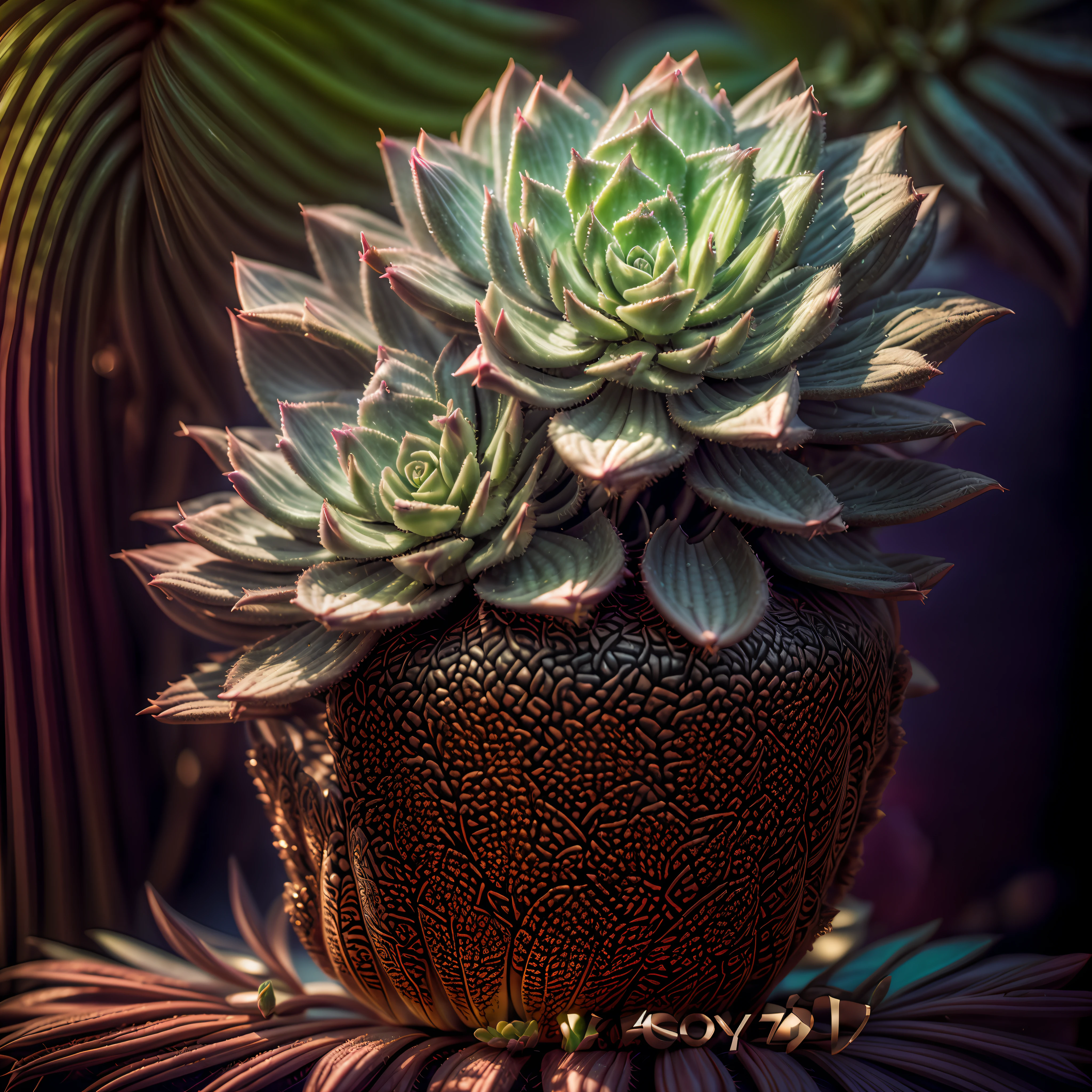 (Photorealistic, 3D, octane rendered, 8k, 4k, high quality, high resolution, high definition, realistic, best quality, volumetric lighting, cinematic lighting, natural colour scheme, contrast, coloured, very detailed:1.2), (succulent plant echeveria:1.3), with very detailed coloured leafs, in a festive pot, many magical effects, shelf with plants on the background, photoshoot, photoreal, dramatic effect lighting, fantasy00d