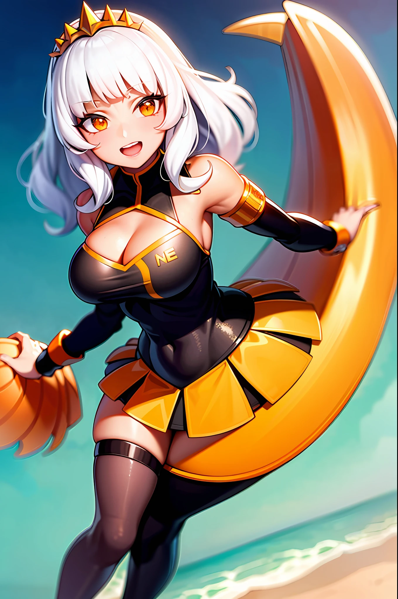 Portrait a qiyana ( standing on beach: 1.2) , oversized breasts , cheerleader, smile , open mouth , white hair , orange eyes , masterpiece, black outfit , (top quality: 1.2) ,