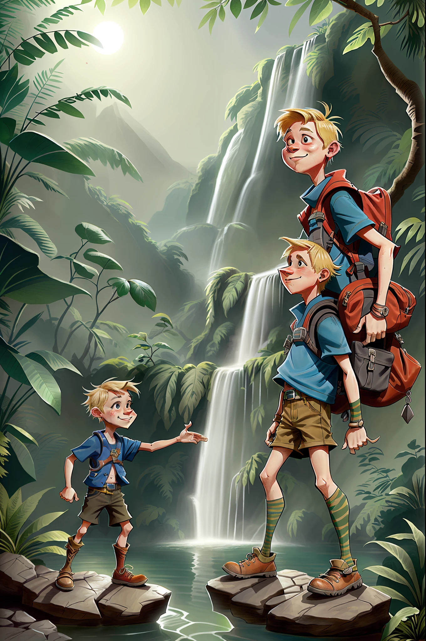 a blonde  standing on a rock in a jungle near a waterfall, adventurer, backpack