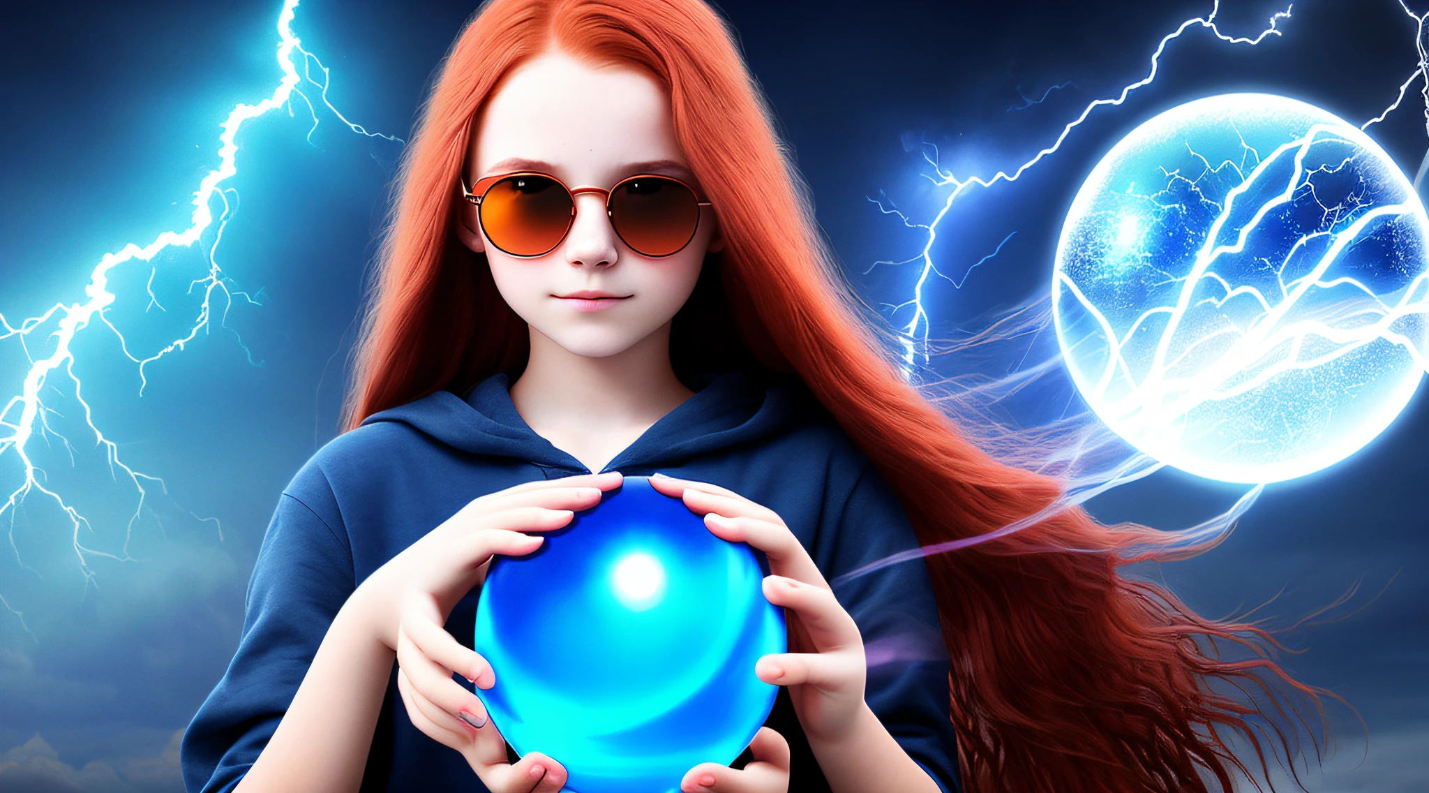 14 YEAR OLD CHILD GIRL WITH SUNGLASSES, WITH LONG RED HAIR, holding a blue ball in her hands with smoke enveloped by lightning and a dark transparent blue, super realistic coming out of it,.crystal ball, holding a crystal ball.