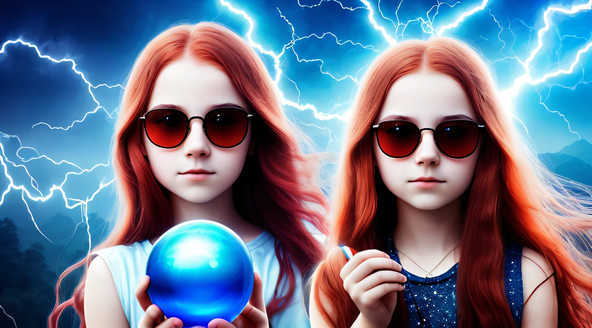14 YEAR OLD CHILD GIRL WITH SUNGLASSES, WITH LONG RED HAIR, holding a blue ball in her hands with smoke enveloped by lightning and a dark transparent blue, super realistic coming out of it,.crystal ball, holding a crystal ball.