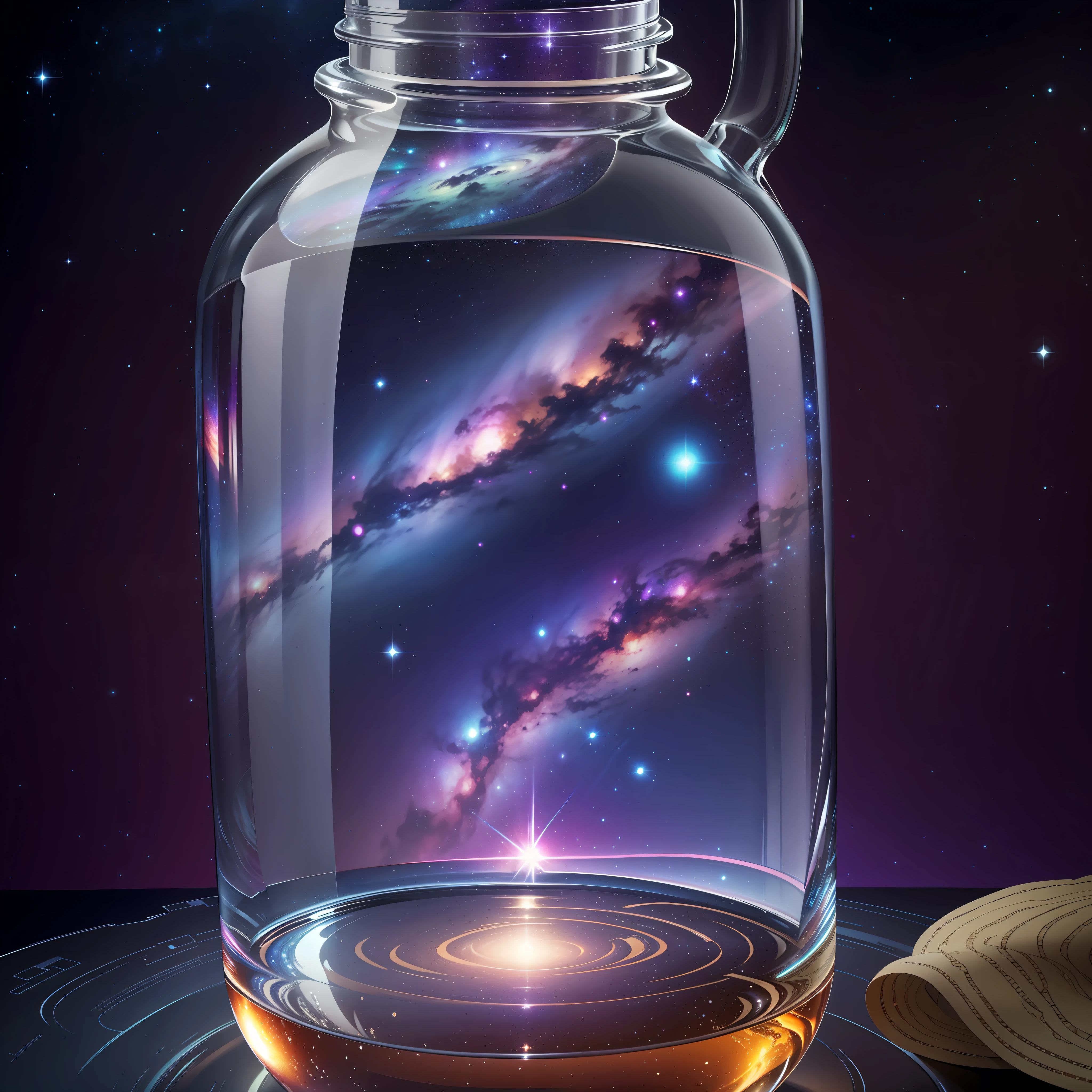 A 4K rendering of the Milky Way galaxy inside a glass bottle, created using the Unreal Engine. The galaxy appears to be floating in the bottle, with its vibrant colors and intricate details beautifully captured. The lighting and textures are so realistic that it feels as if you could reach out and touch the stars. The scene is bathed in a soft, ethereal glow, creating a mesmerizing and otherworldly atmosphere. - Variations --auto --s2