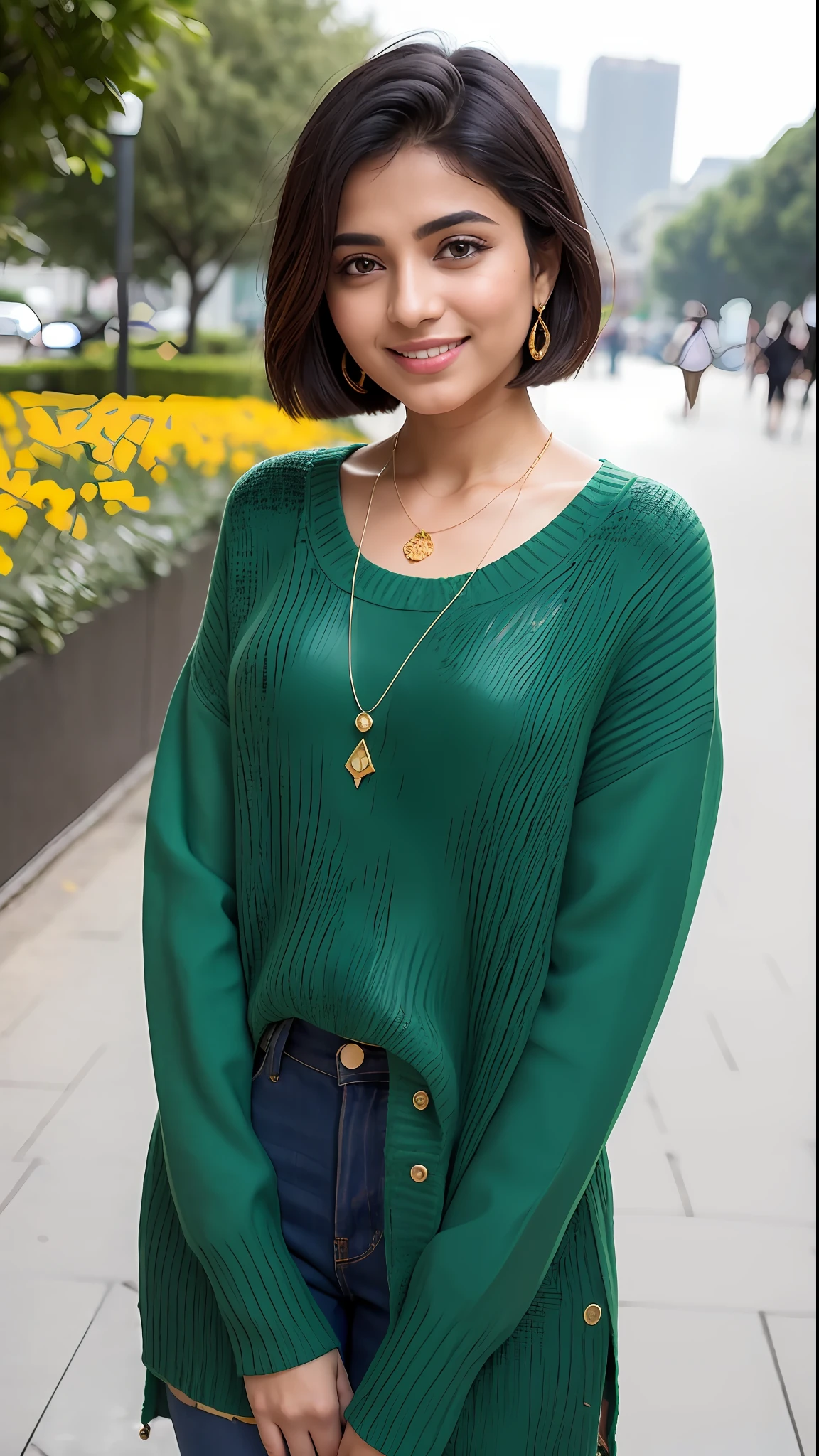 (Best quality, 8k, 32k, Masterpiece, UHD:1.2), Photo of the beautiful mature Indian college girl, very short bob hair, upper body,(oversized_green sweater,:1.1) necklace, city background(0.1), looking at around, smile, hold on the smartphone