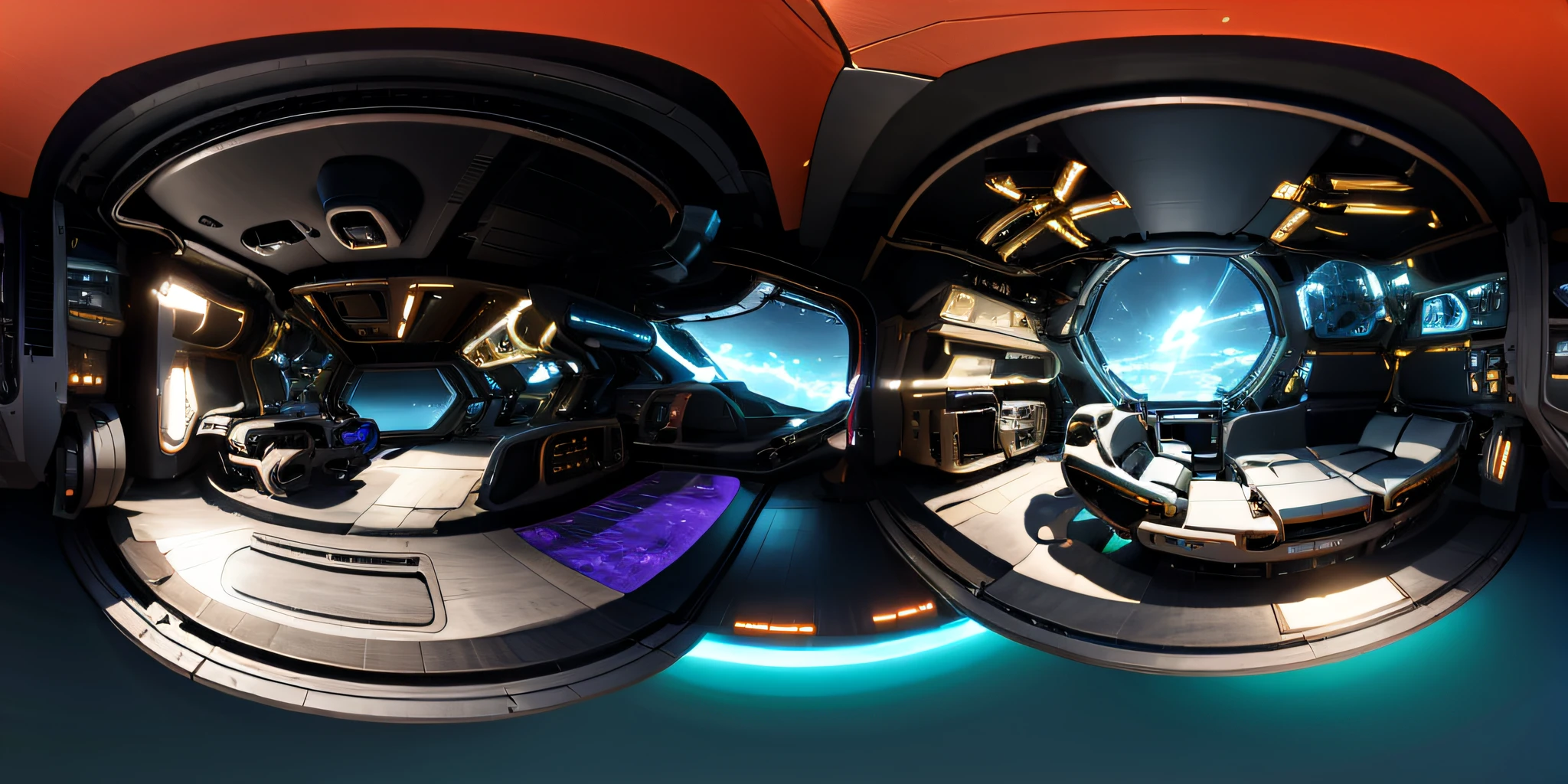 intergalactic spacestation interior skybox, 360 VR, hdri, ultra detailed spaceship interior, space station interior, inside a space ship, spaceship interior, inside a space station, high tech space ship interior, starship cargo bay, in a spaceship cockpit, futuristic space ship interrior, engine room on a starship, amazing details, ultra detail, octane render, unreal engine 5, 16K