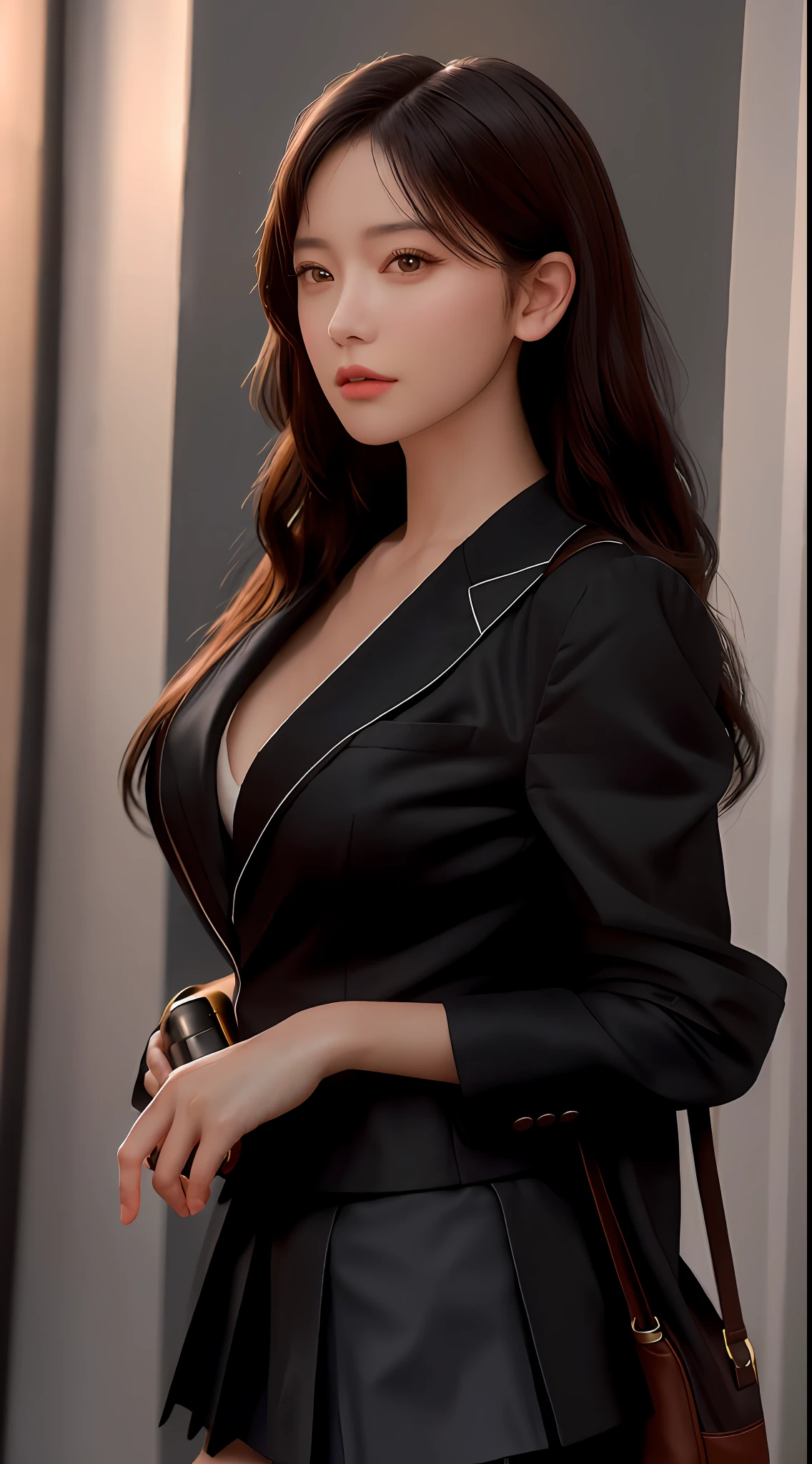best quality, masterpiece, 1girl, Beautiful face, (photo realistic:1.3), rim lighting, (high detailed skin:1.2), 8k uhd, dslr, high quality, high resolution, 4k, 8k, Bokeh, absurdres, best ratio four finger and one thumb, (realistic:1.3), cute 1girl, wearing black formal blazer, medium breasts, short skirt,