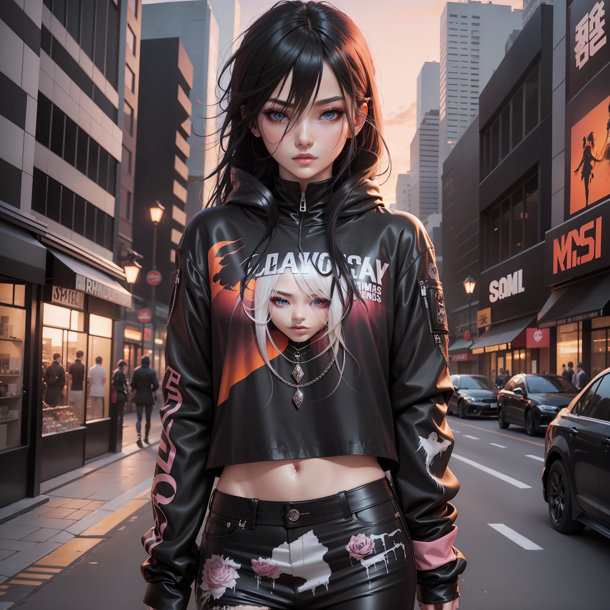 anime style, nails painted black, expensive clothing, detailed clothing, brand clothes, chic clothing, sunset, beautiful --auto --s2
