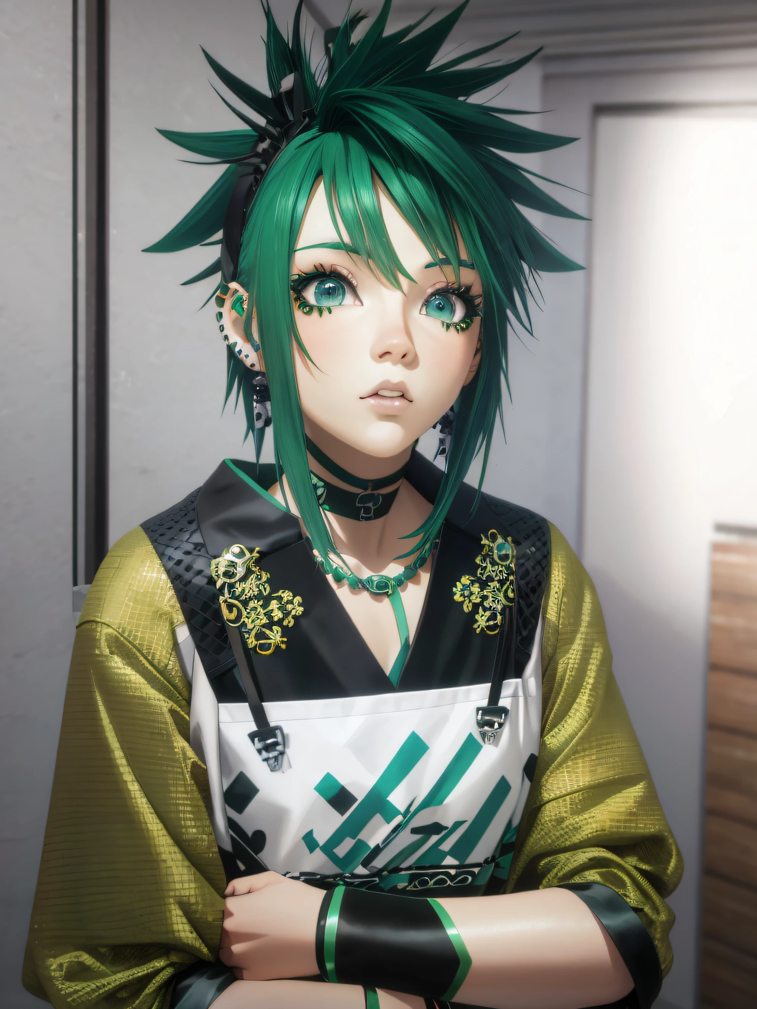 arafed girl with green hair and piercings posing for a picture, realistic anime 3 d style, anime realism style, realistic anime artstyle, anime style. 8k, hyper realistic anime, 3 d anime realistic, anime styled 3d, anime styled, realistic anime style at pixiv, mikudayo, realistic anime art style, anime inspired, photorealistic anime