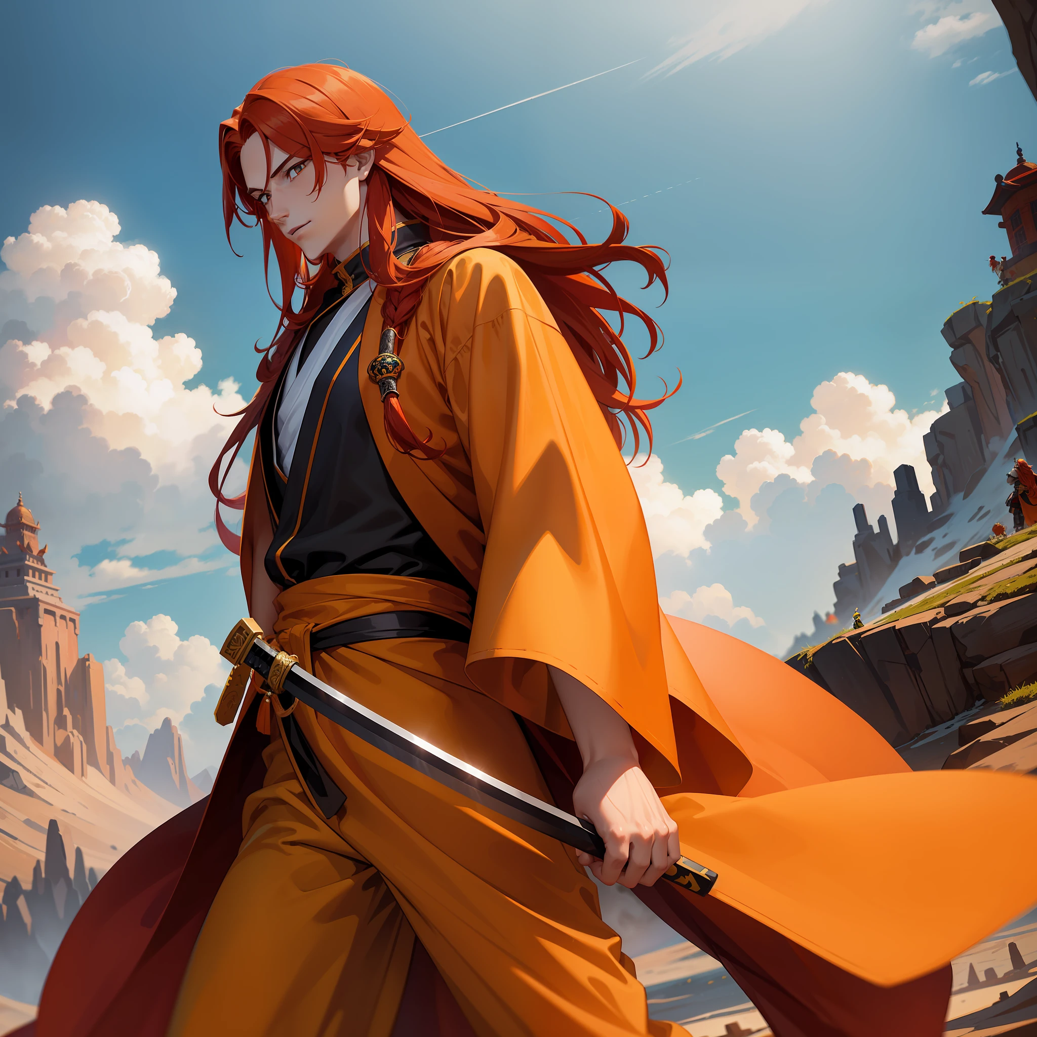 A pastifical man of 23 with long red hair and orange eyes, the colors of his clothing and orange and yellow beckoning with a monk, he carries a katana (scenery the top of a mountain)