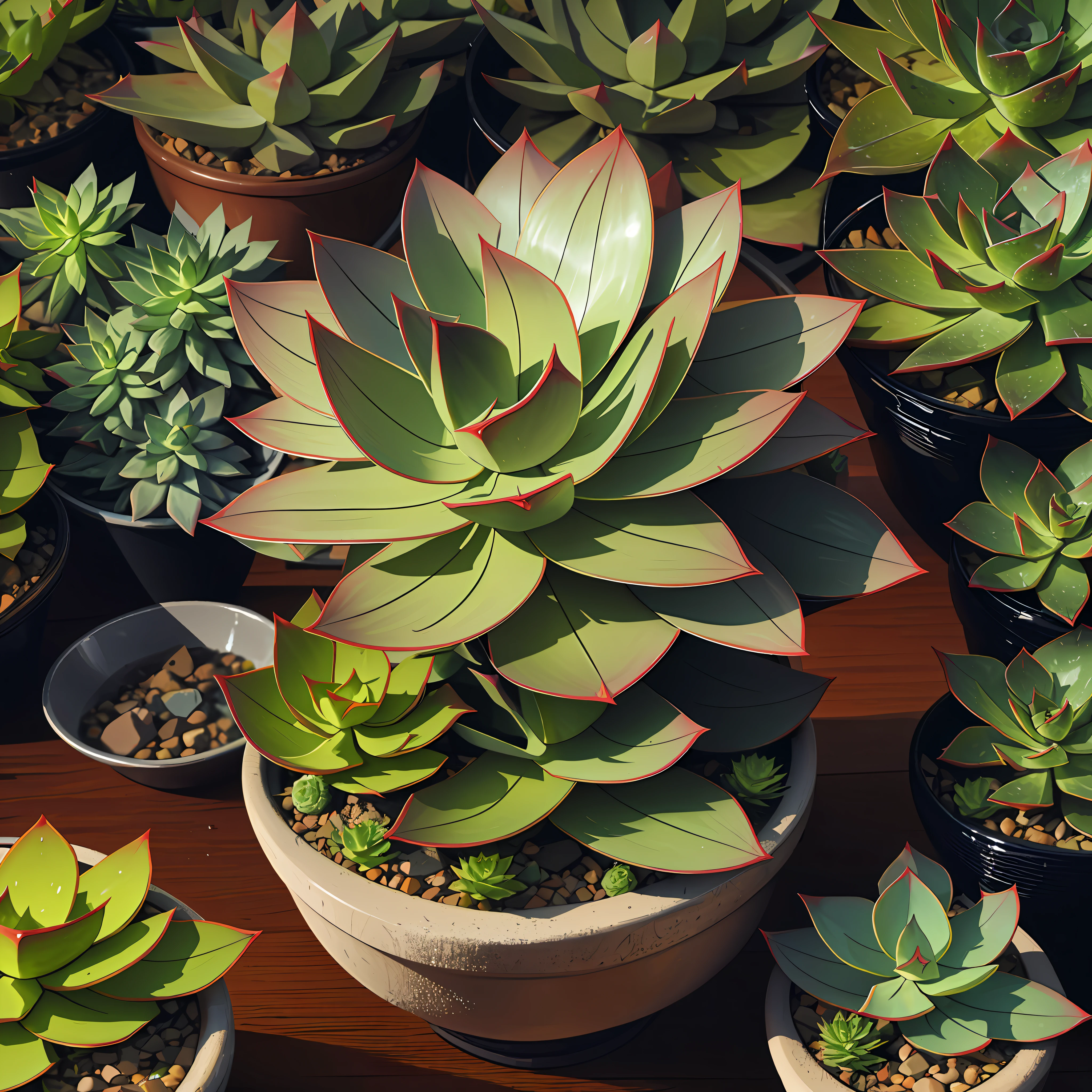Photorealistic, 3D, octane rendered, 8k, 4k, high quality, high resolution, high definition, realistic, best quality, volumetric lighting, cinematic lighting, natural colour scheme, contrast, coloured, very detailed, (succulent plant fantasy00d echeveria:1.1), with very detailed coloured leafs, in a festive pot, many magical effects, shelf with plants on the background, photoshoot, photoreal, dramatic effect lighting