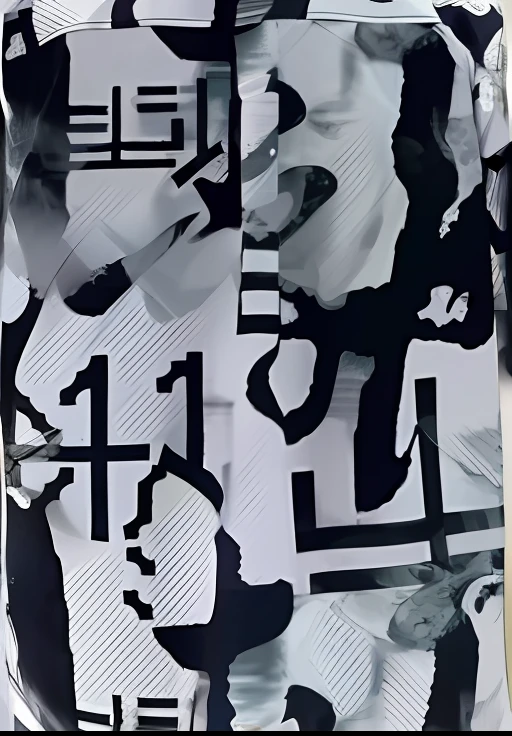 a close up of a person wearing a shirt with a black and white pattern, overlaid with aizome patterns, damaged japanese clothes, photography of charline von heyl, black and white ink style, inspired by Huang Binhong, inspired by Xiao Yuncong, screen print texture, textile print, close-up print of fractured, black and white ink '