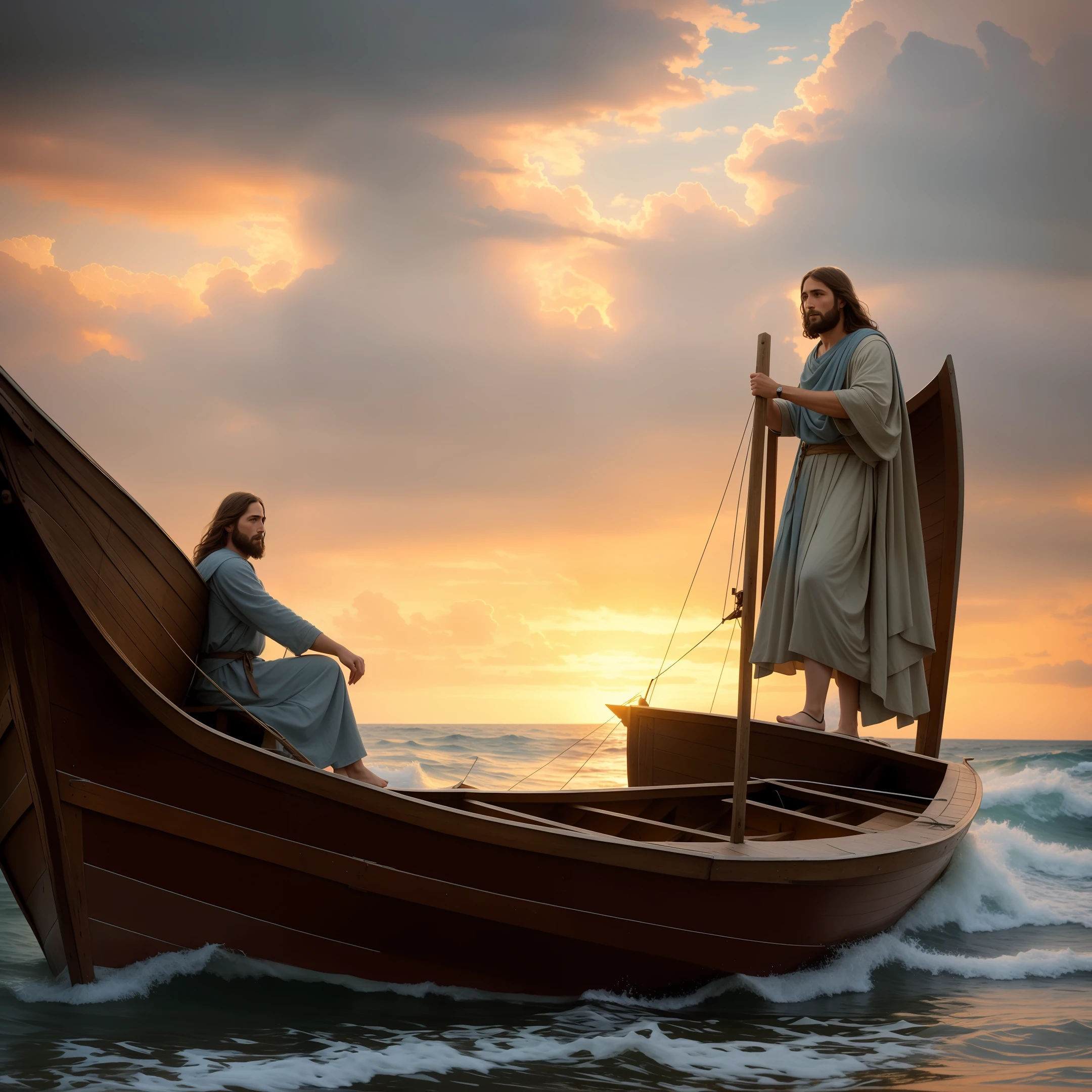 JESUS CHRIST sitting next to an old boat the sea dark photo: realistic epic, soft cinematic portrait, adobe lightroom, photographic laboratory, highly detailed, faded, art by greg rutkowski and artgerm ,neutral colors: 1,2), (hdr:1,4) , (soft colors:1.2), hyperdetailed, (artstation:1.4), cinematic, warm lights, dramatic light, (intricate details:1.1), complex background, (rutkowski:0.66), (blue and orange:0.4) also put the disciples of Jesus in the storm