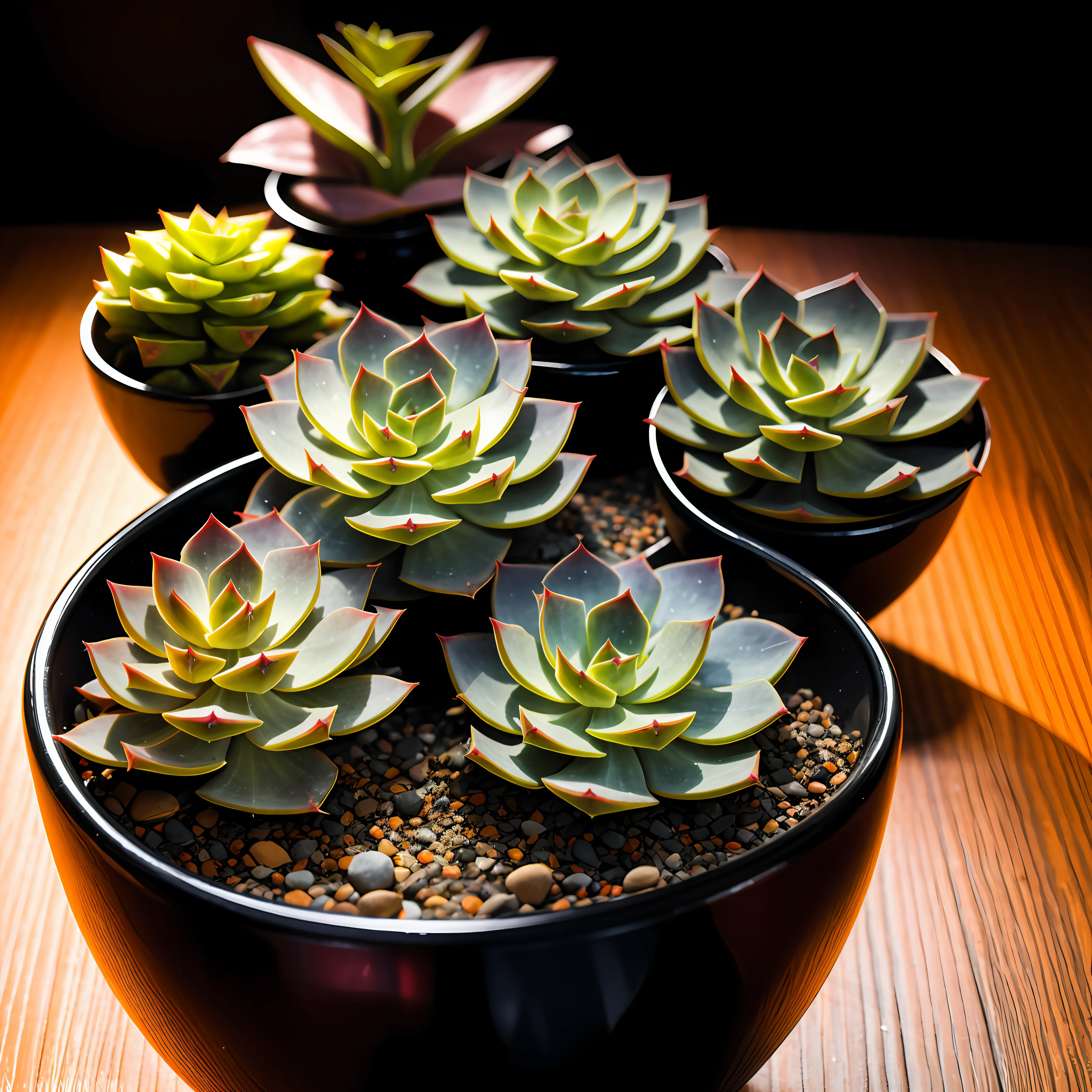 Photorealistic, 3D, octane rendered, 8k, 4k, high quality, high resolution, high definition, realistic, best quality, volumetric lighting, cinematic lighting, natural colour scheme, contrast, coloured, very detailed, (succulent plant echeveria:1.1), with very detailed coloured leafs, in a festive pot, many magical effects, shelf with plants on the background, photoshoot, photoreal, dramatic effect lighting
