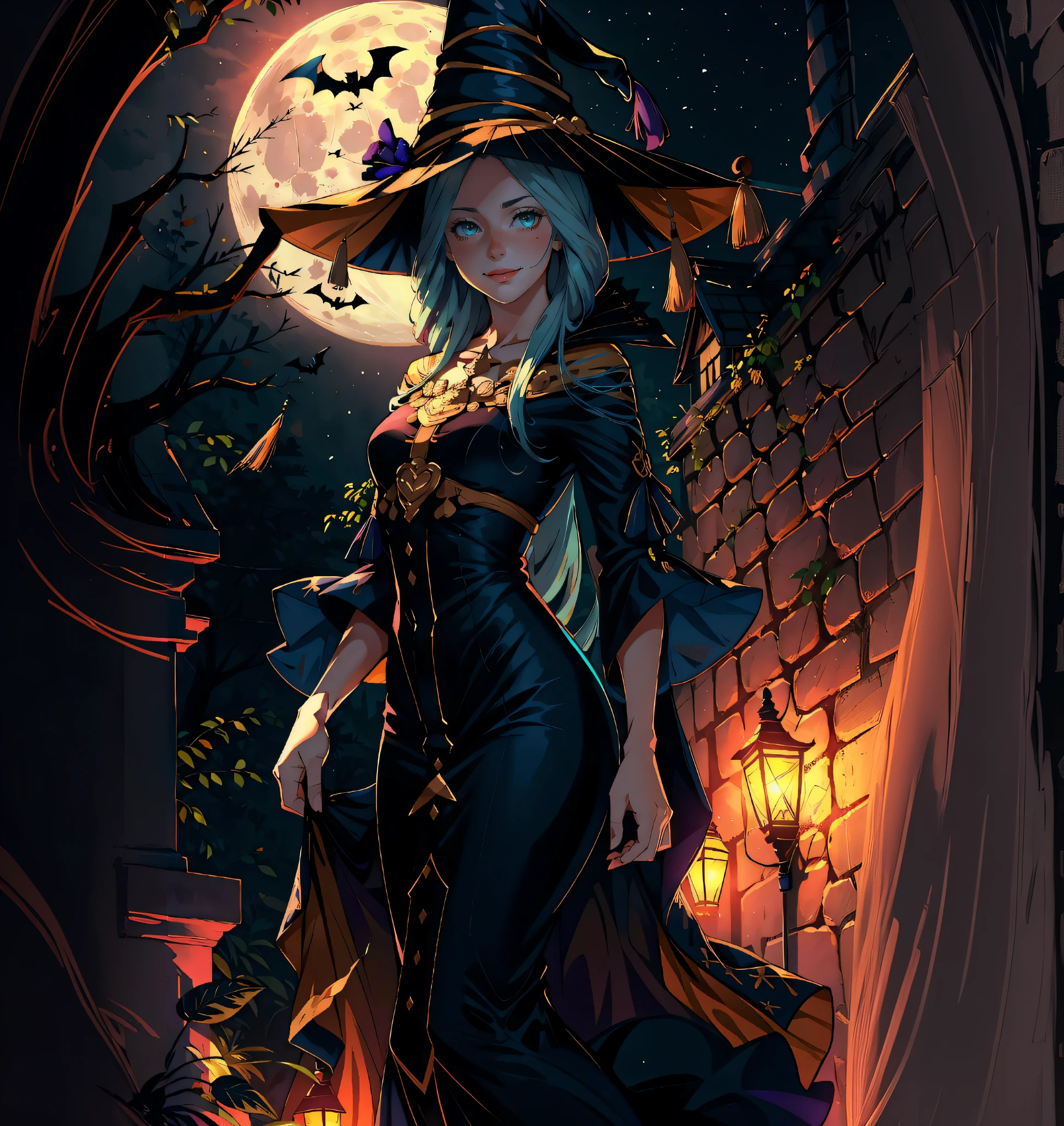 witch in a black dress and hat standing in front of a stone wall, fashionable dark witch, bright witch, classical witch, beautiful witch female, a beautiful sorceress, beautiful sorceress, extremely detailed artgerm, pretty sorceress, castlevania witch, portrait of a witch, halloween art style, beautiful female witch, ! dream artgerm
