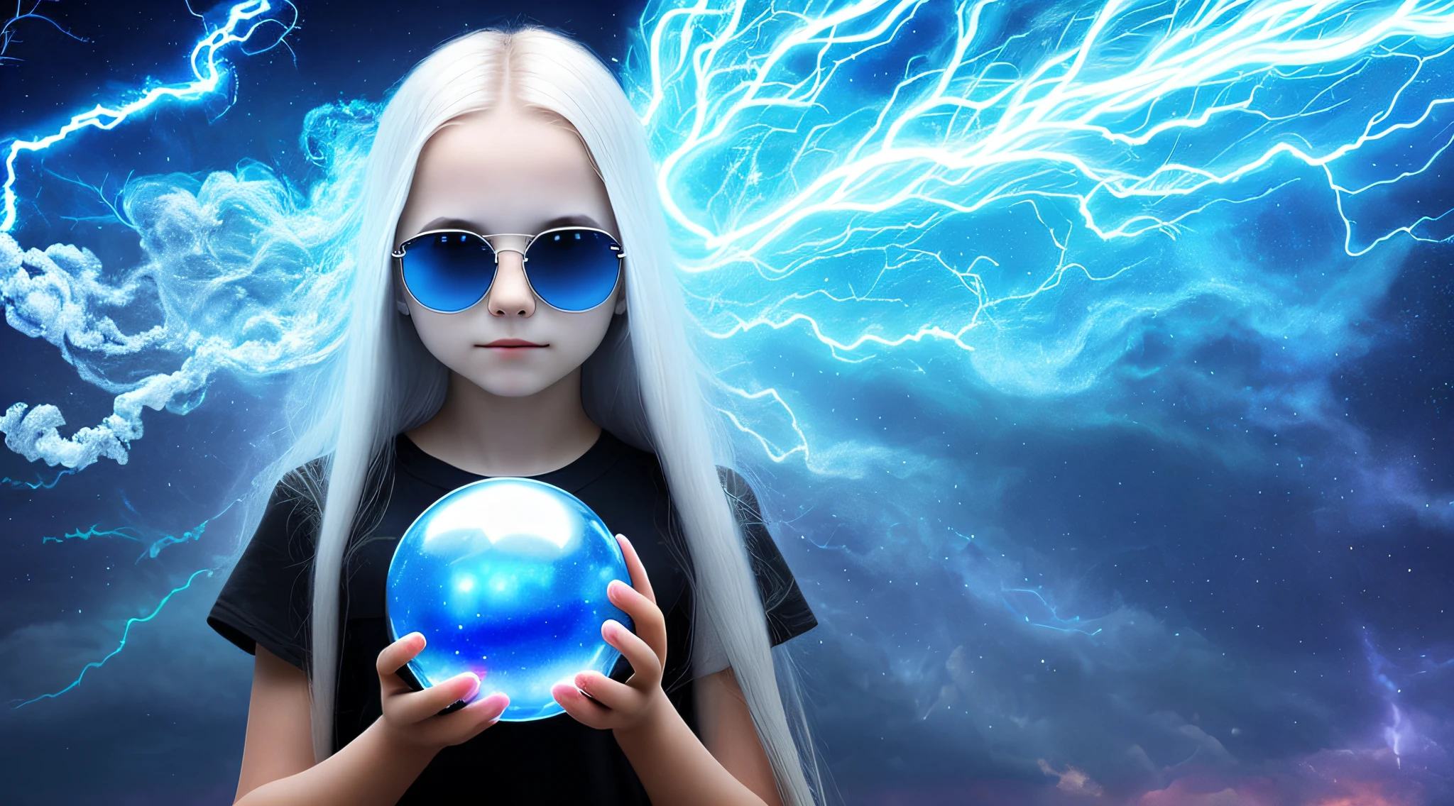 14 YEAR OLD CHILD GIRL WITH SUNGLASSES, WITH LONG PLATINUM HAIR, holding a blue ball in her hands with smoke enveloped by lightning and a dark transparent blue, super realistic coming out of it,.crystal ball, holding a crystal ball.