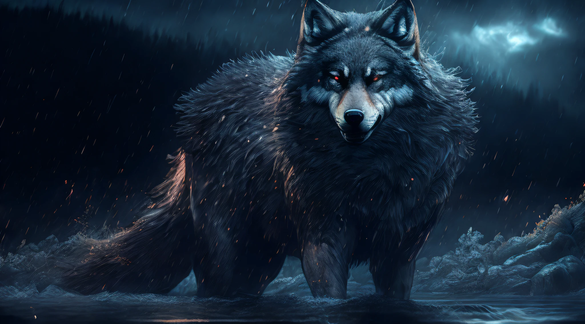 Wolf god, hyper realistic, tension, cold, highly detailed, sharp focus, professional, 8k UHD, cinematic, dark, violent, outdoor, River, battle, chase, dramatic, vivid, nervous vibe, render, epic, twilight, HDR, album cover, blizzard, lightning, cataclysmic