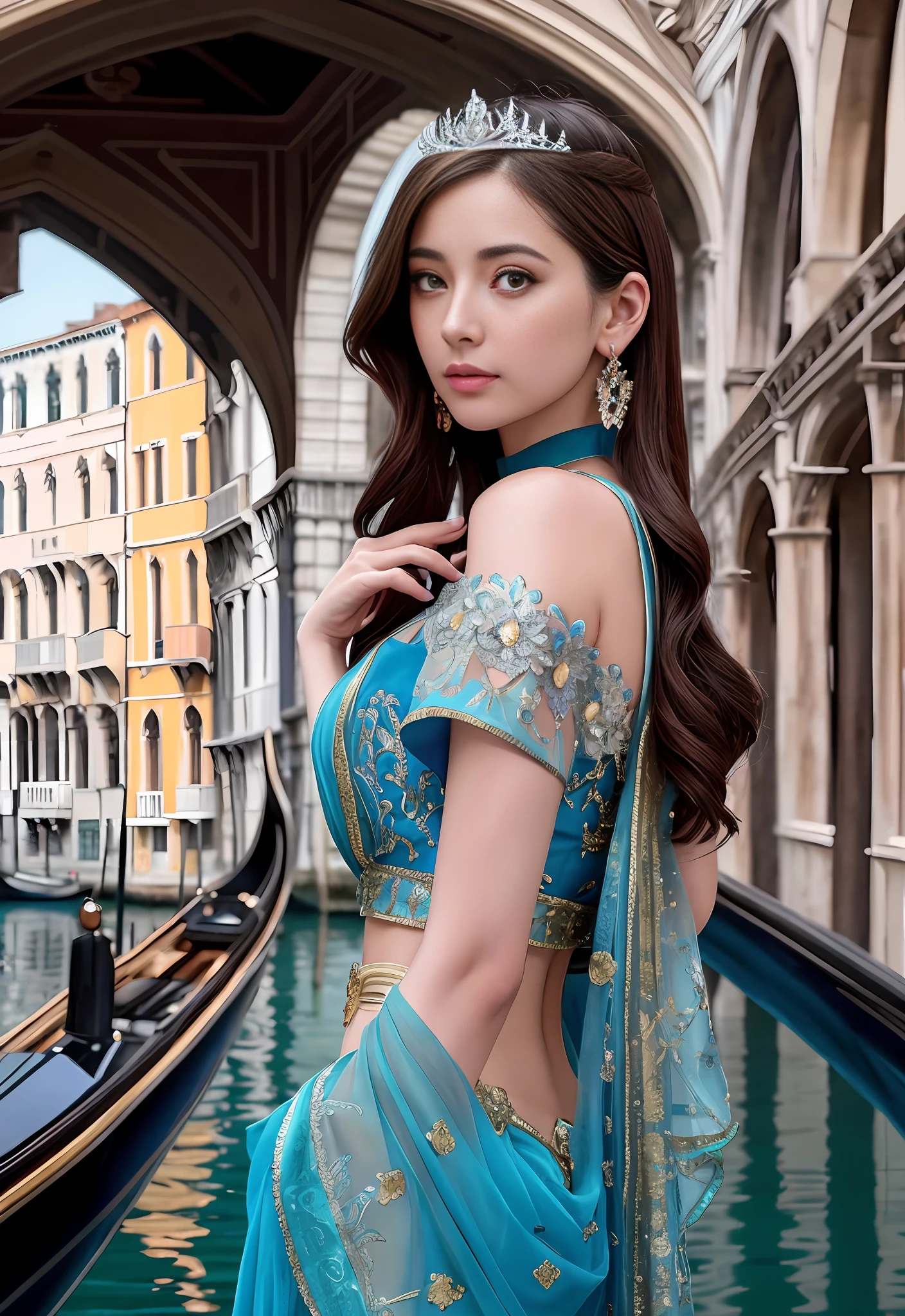 modelshoot style, (extremely detailed CG unity 8k wallpaper), full shot body photo of the most beautiful artwork in the world, stunningly beautiful photo realistic cute women, a hyper realistic ultra detailed photograph of a beautiful girl as a female 2020s dancer on the boat of 2020s Venice,(Bridge Of Sighs background),(princess eyes,shiny pupils), detailed symmetric beautiful hazel eyes, detailed gorgeous face,highly detailed, vibrant,professional majestic oil painting by Ed Blinkey, Atey Ghailan, Studio Ghibli, by Jeremy Mann, Greg Manchess, Antonio Moro, trending on ArtStation, trending on CGSociety, Intricate, High Detail, Sharp focus, dramatic, photorealistic painting art by midjourney and greg rutkowski