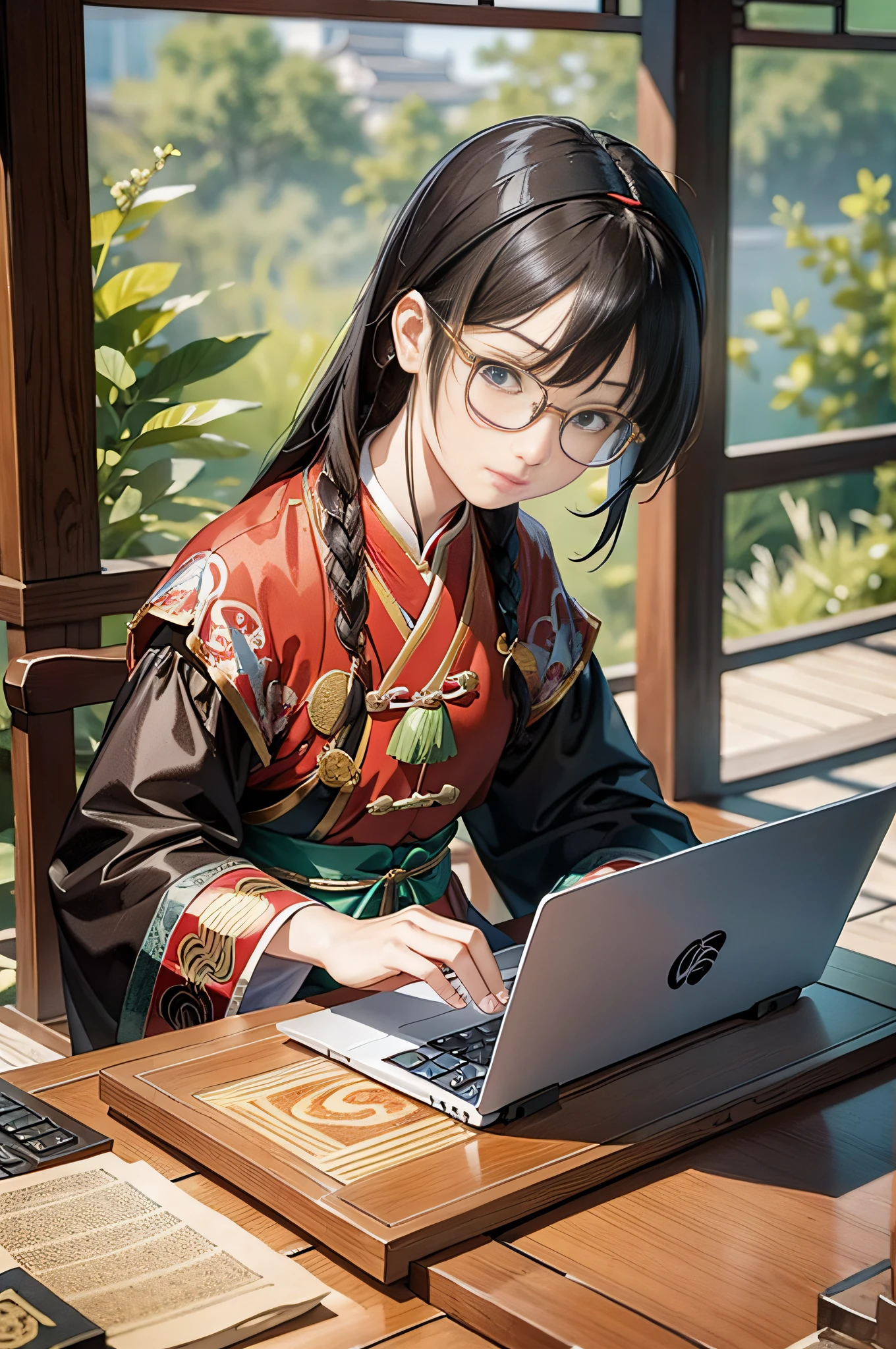 In the background is a Chinese Tang Dynasty study, a young girl with glasses dressed in Tang Dynasty Han costume uses a laptop with a guzheng next to it, high resolution