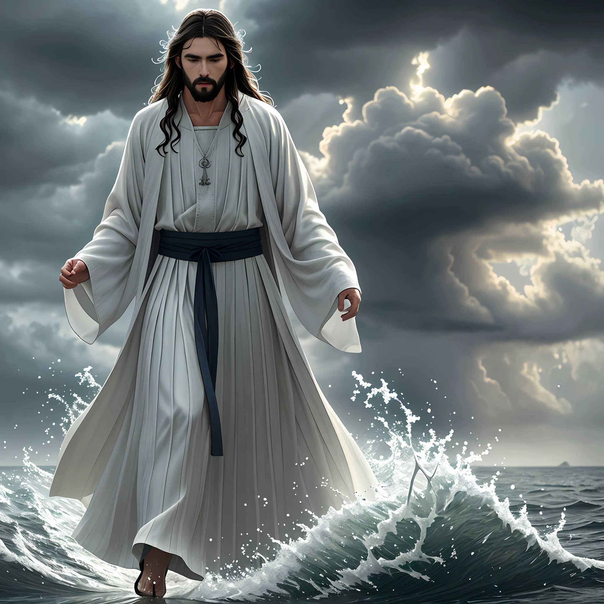 jesus walking on water in a storm, masterpiece, best quality, high quality, extremely detailed CG unit 8k wallpaper, award winning photography, Bokeh, Depth of Field, HDR, bloom, Chromatic aberration, photorealistic, extremely detailed, trending on artstation, trending on CGsociety, intricate, high detail, dramatic, mid-journey art, volumetric lighting