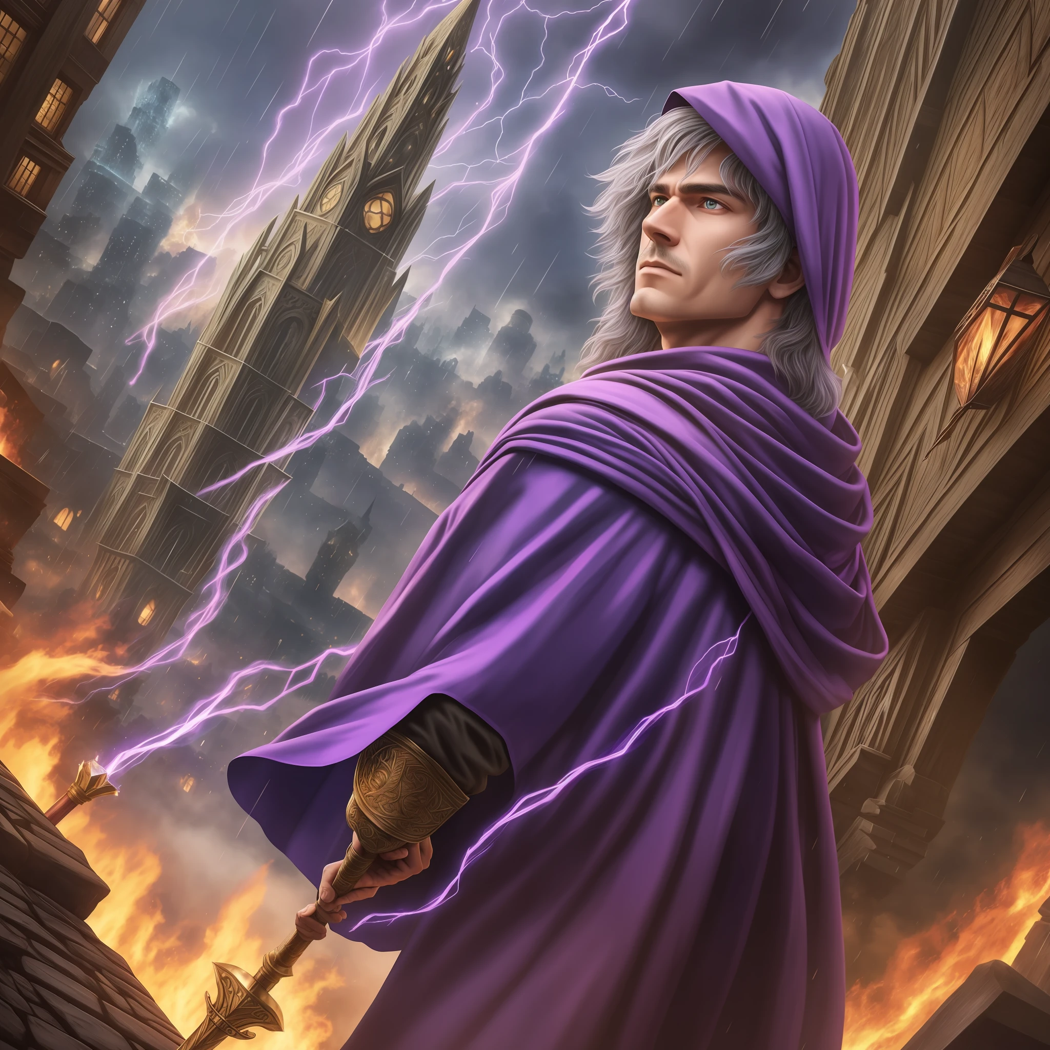 Man with ultra realistic wizard clothes 1.4 holding staff with crystal in purple color, 1.4 watching super detailed rustic city, is on fire, dragons flying over the city in when the city burns in flames, rainy weather at night, red full moon, --auto --s2