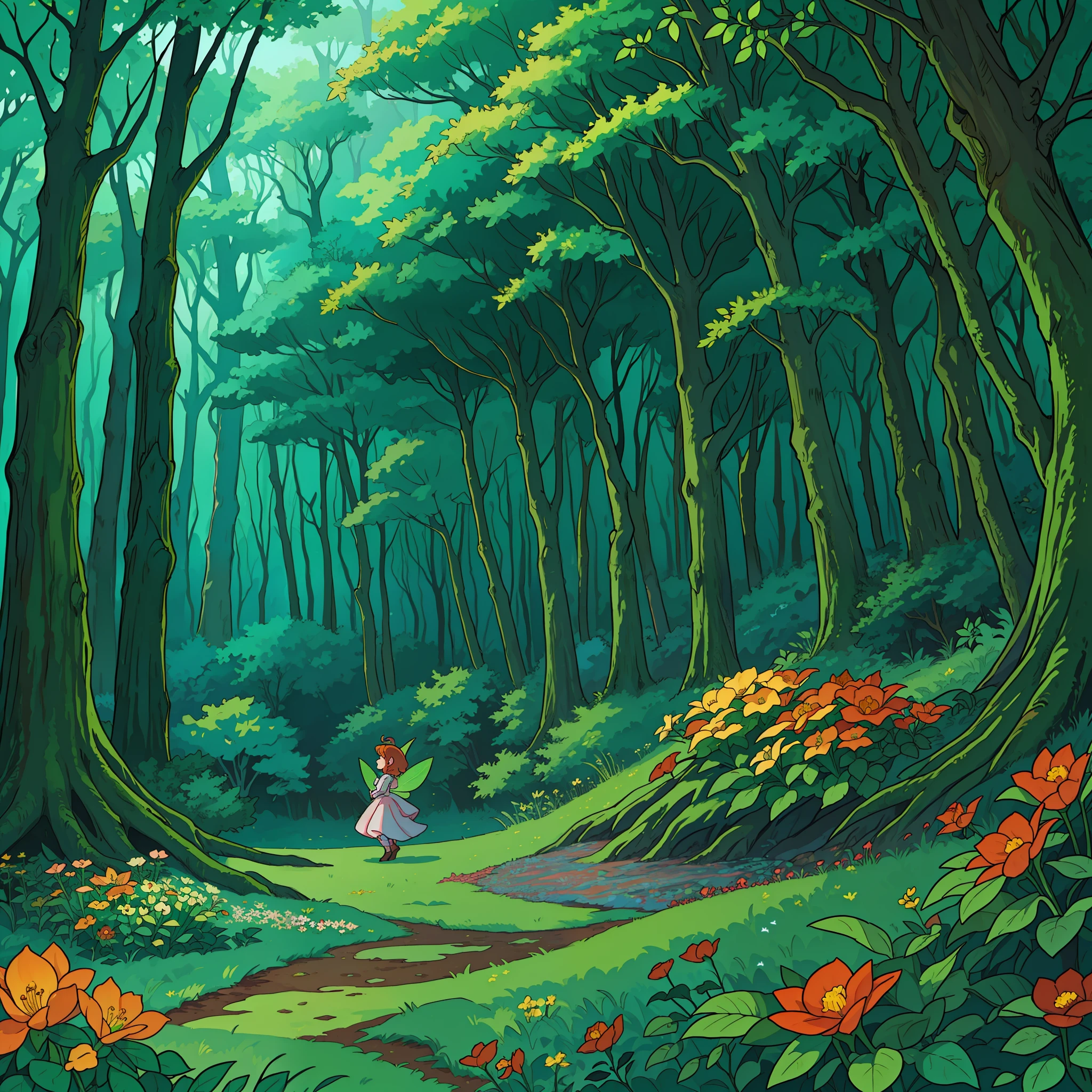 (a vast forest, fairy-themed, fairytale) (images extremely dramatic, illustrative) (Magic) (Perfect illustration) (masterpiece) (day) (8k) (Best quality) (fantasy) (colorful leaves) (full of flowers) (large trees) (animals) (fairies) (elves) (squirrels)