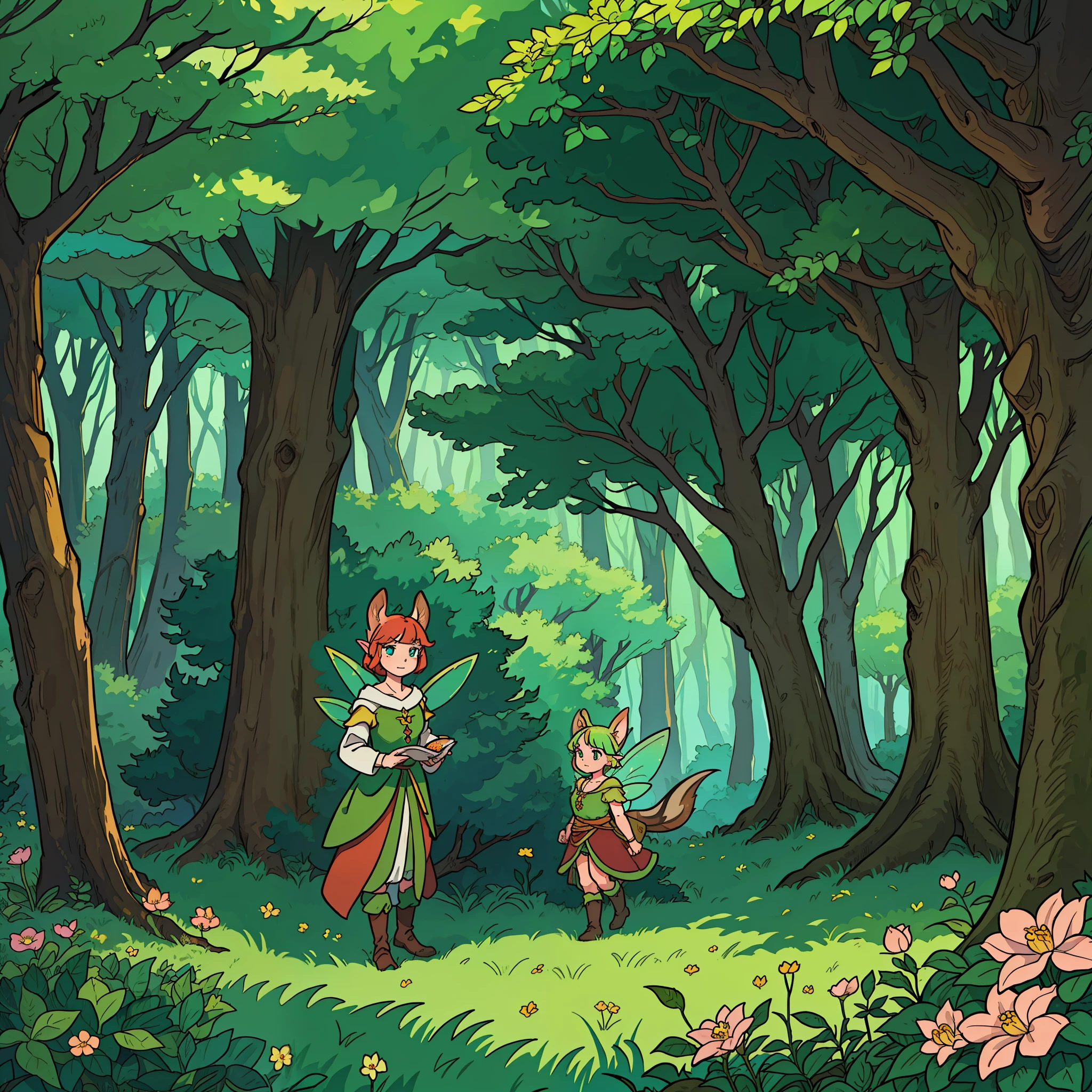 (a vast forest, fairy-themed, fairytale) (images extremely dramatic, illustrative) (Magic) (Perfect illustration) (masterpiece) (day) (8k) (Best quality) (fantasy) (colorful leaves) (full of flowers) (large trees) (animals) (fairies) (elves) (squirrels)