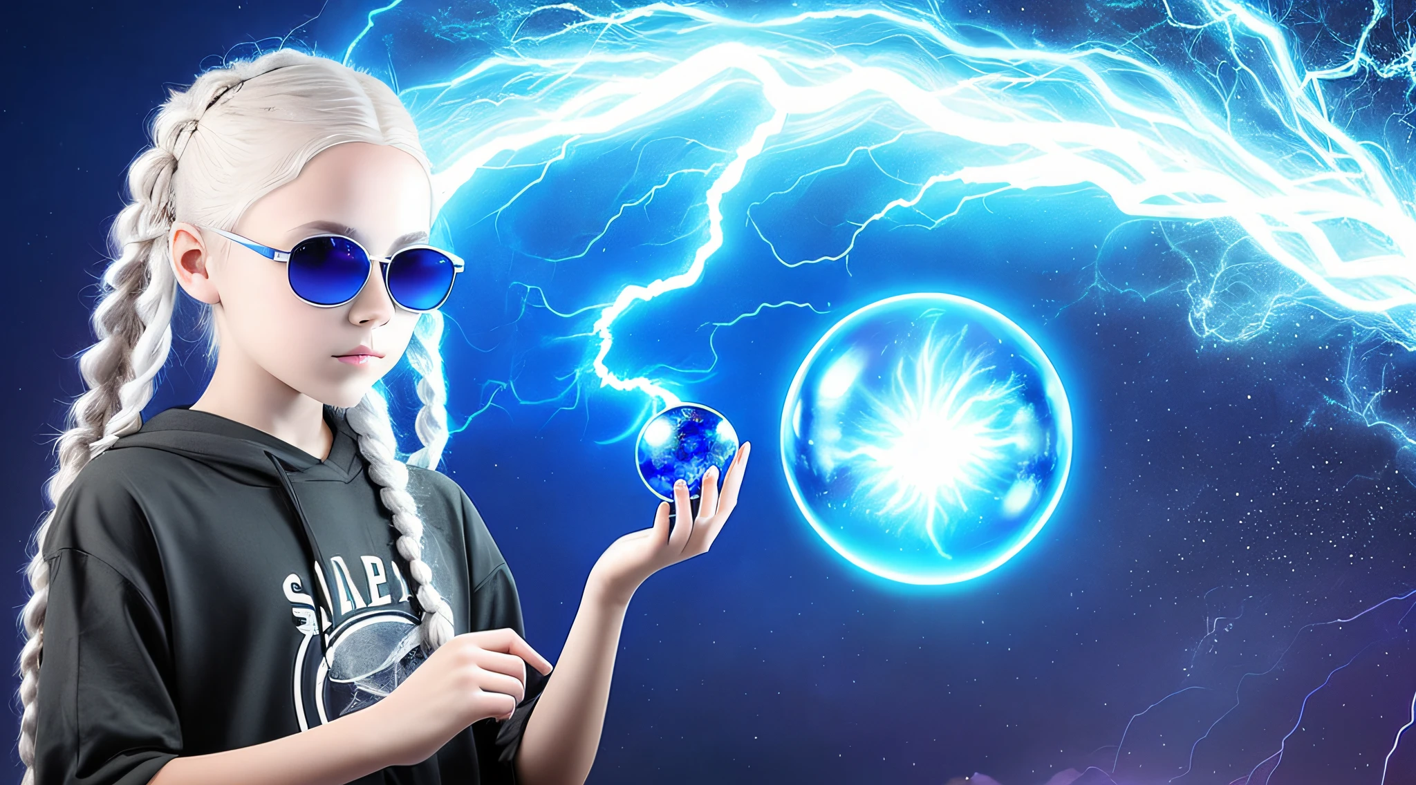 14 YEAR OLD CHILD GIRL WITH SUNGLASSES, WITH PLATINUM HAIR WITH LONG BRAIDS, holding a blue ball in her hands with smoke enveloped by lightning and a dark transparent blue, super realistic coming out of it,.crystal ball, holding a crystal ball.