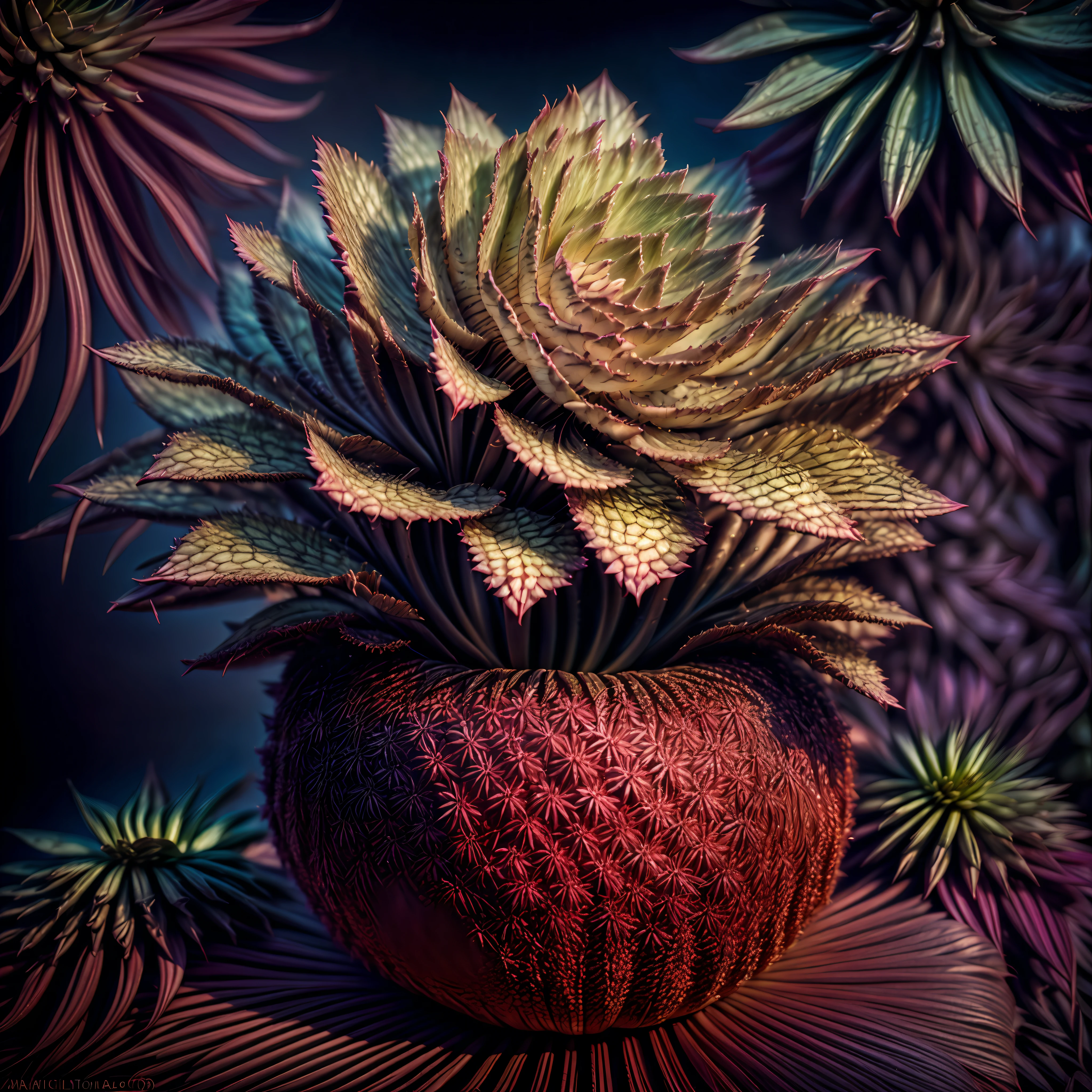 (Photorealistic, 3D, octane rendered, 8k, 4k, high quality, high resolution, high definition, realistic, best quality, volumetric lighting, cinematic lighting, natural colour scheme, contrast, coloured, very detailed:1.2), (succulent plant echeveria:1.3), with very detailed coloured leafs, in a festive pot, many magical effects, shelf with plants on the background, photoshoot, photoreal, dramatic effect lighting, fantasy00d