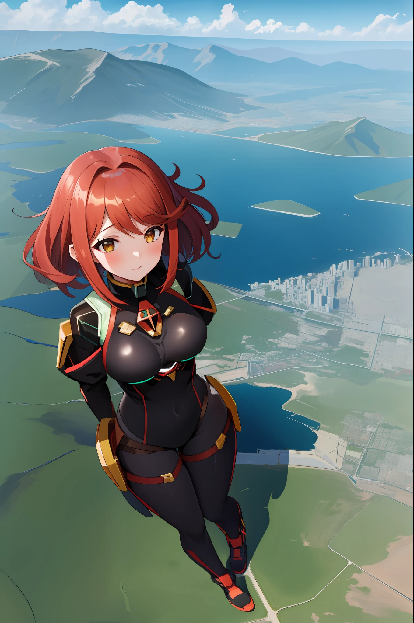 1girl, pyra, (gtsgiga, urban sprawl:1.2), mountains, full body, arms at side, view of city from space, landscape
