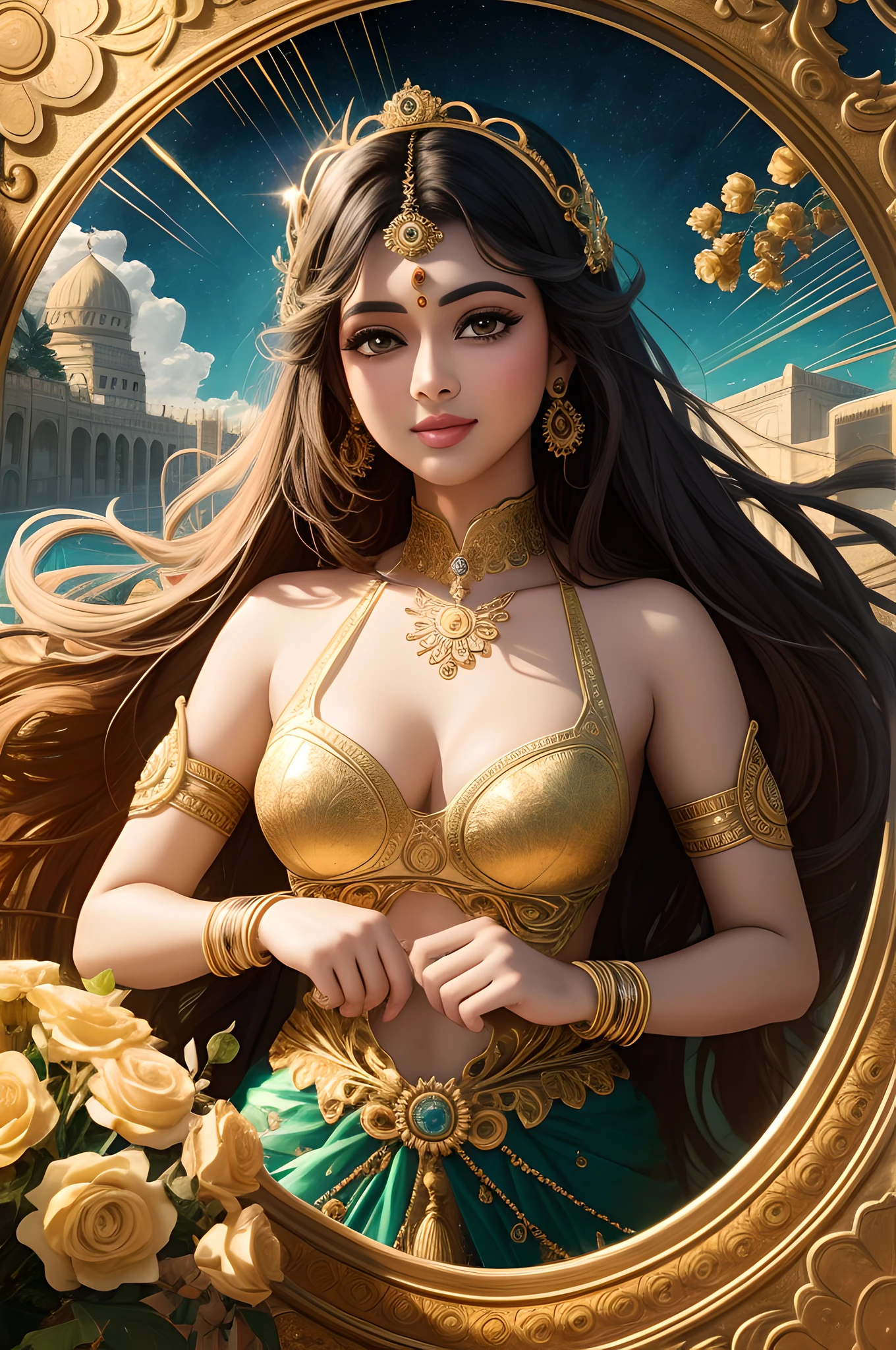 (masterpiece, top quality, best quality, official art, beautiful and aesthetic:1.2), (1girl), extreme detailed,colorful,highest detailed, official art, unity 8k wallpaper, ultra detailed, beautiful and aesthetic, beautiful, masterpiece, best quality, (zentangle, mandala, tangle, entangle) ,holy light,gold foil,gold leaf art,glitter drawing, PerfectNwsjMajic,
(Indian actress_Sneha)