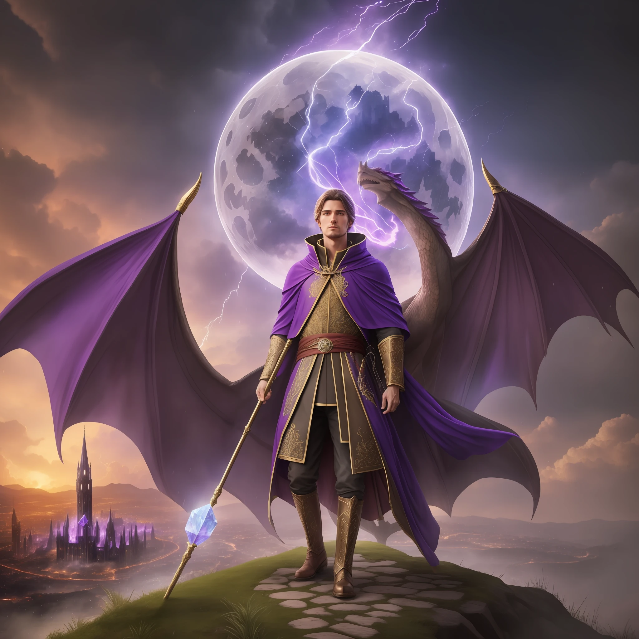 Man with ultra realistic wizard clothes 1.4 holding staff with crystal in purple color, 1.4 watching super detailed rustic city, is on fire, dragons flying over the city in when the city burns in flames, rainy weather at night, red full moon, --auto --s2
