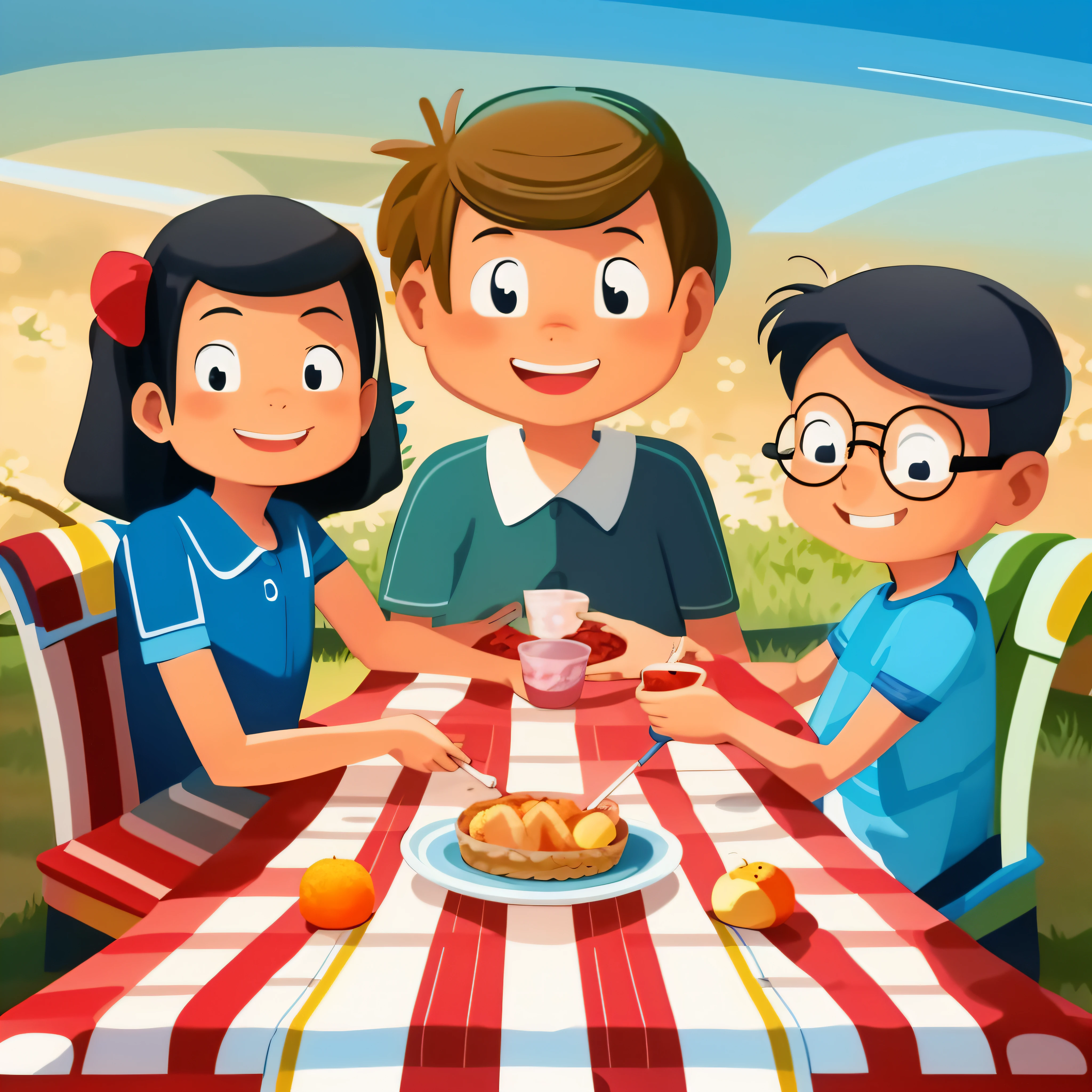 Create an image of these children jumping and playing. cartoon illustration of a family having a picnic in the park, family dinner, stylized digital illustration, children's book illustration, children's book color illustration, cartoon style illustration, children's book illustration, children's book illustration, digital illustration -, children's book illustration, game illustration, people on a picnic, children's illustration, having a picnic, flat illustration, happy family, 2. 5D Illustration