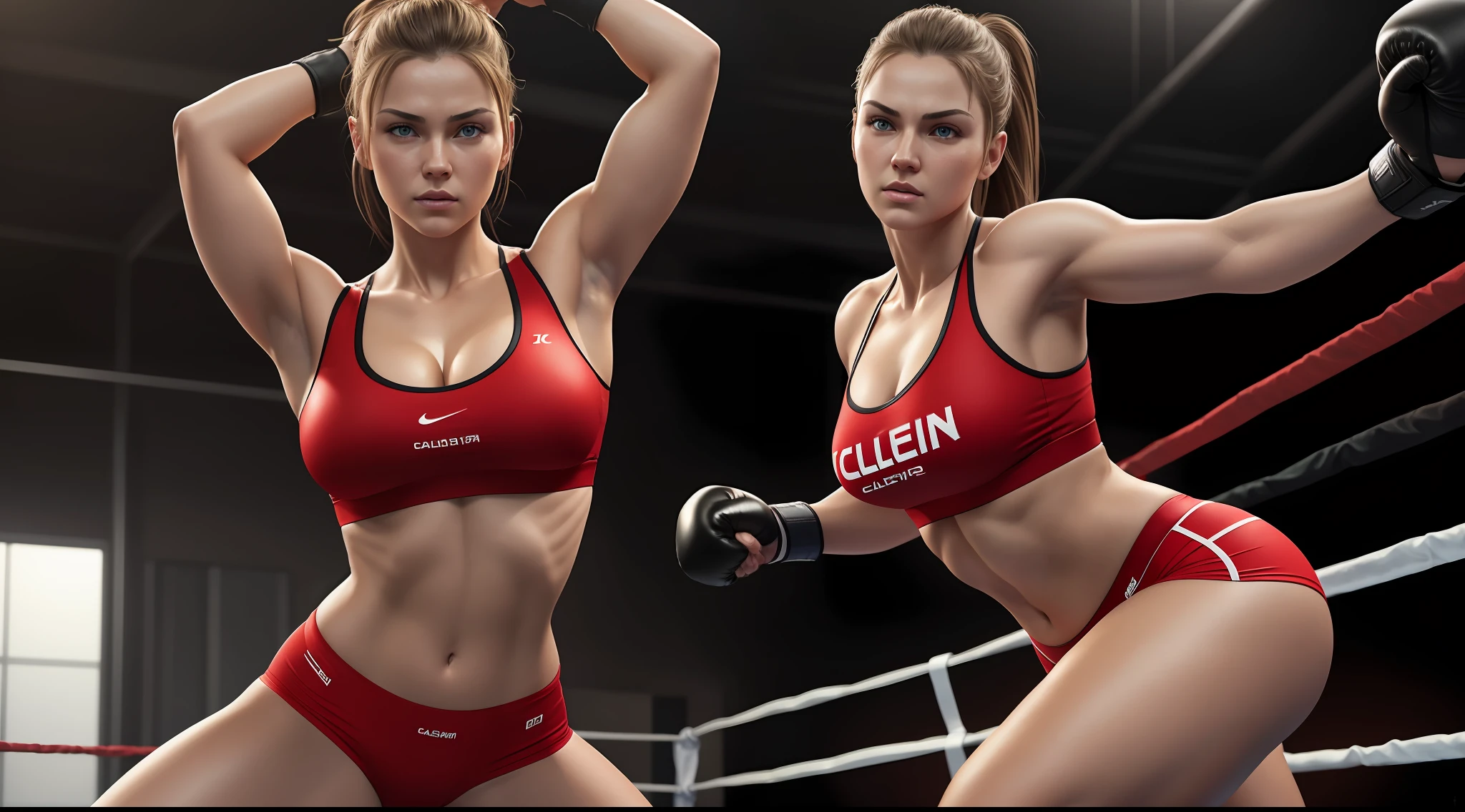 photograph, realistic, realistic perspective, a unique photo of a light-eyed Russian martial artist, a woman, a fighter, extremely beautiful, curvy bodies, large thighs, only wearing Calvin Klein style underwear, Calvin Klein panties, Calvin Klein sexy top outfit, combat pose, arms crossed in boxing position, casual setting, provocative pose looking at the camera, digital art trends in Artstation 8k HD detailed realistic, detailed, skin texture, super detailed, realistic skin texture, electric pivot, best quality, super high resolution, (fidelity: 1.4), high resolution, detailed, raw photo, sharp