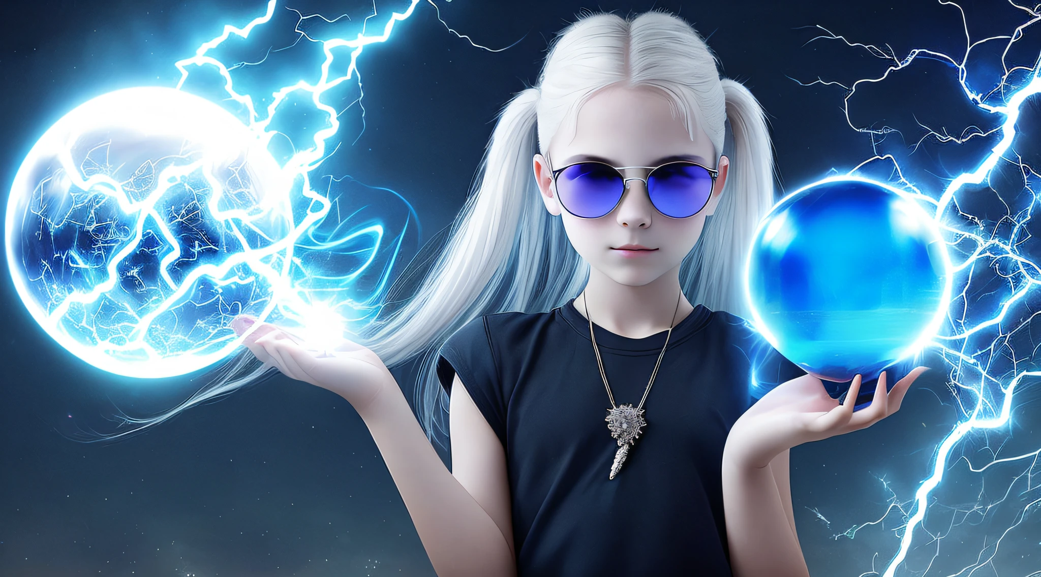 14 YEAR OLD CHILD GIRL WITH SUNGLASSES, WITH PLATINUM HAIR WITH LONG BUN, holding a blue ball in her hands with smoke enveloped by lightning and a dark transparent blue, super realistic coming out of it,.crystal ball, holding a crystal ball.