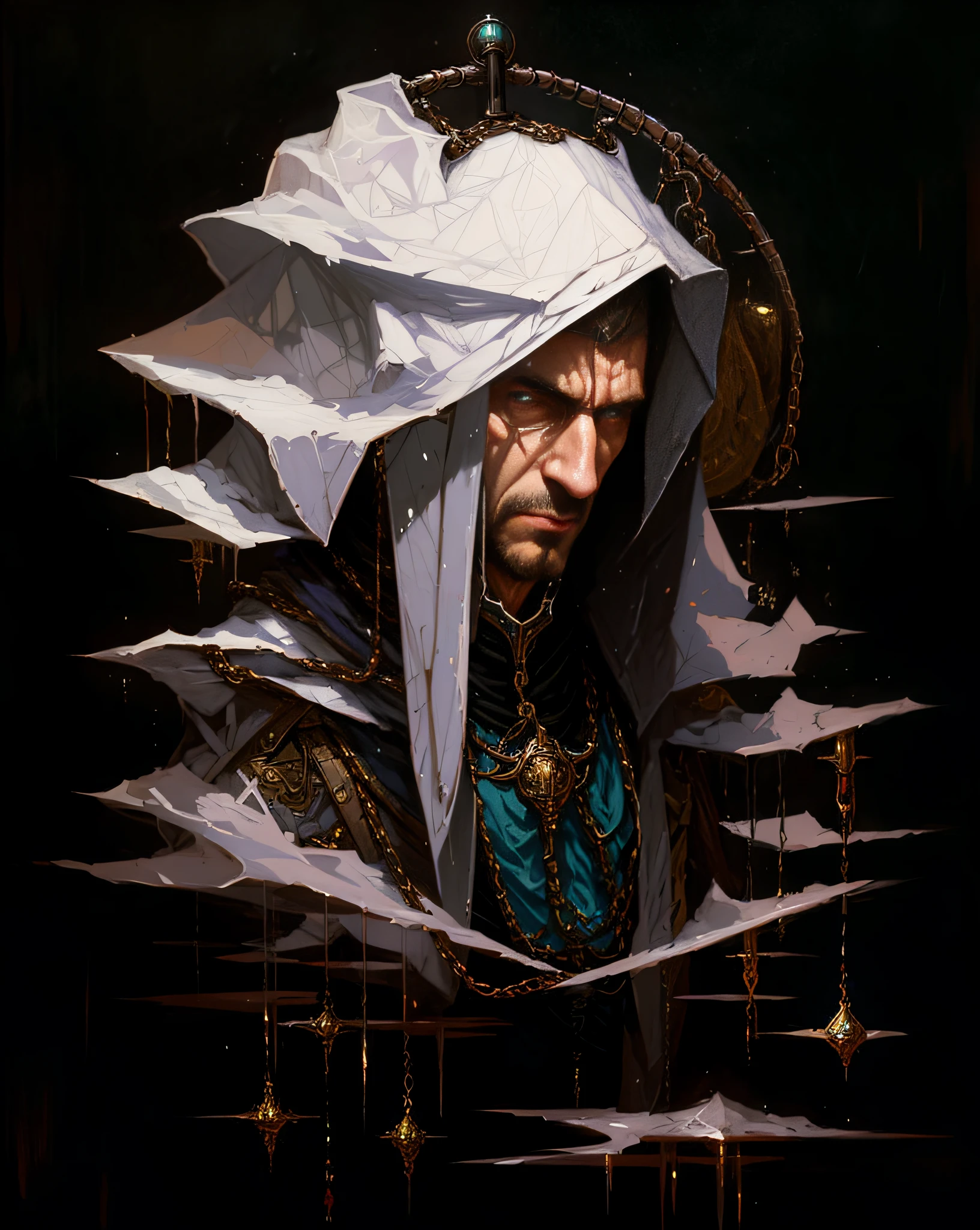 arafed image of a man with a hood on and a chain around his neck, mohrbacher, fantasy rpg symmetrical portrait, in the art style of mohrbacher, portrait of a mage, fantasy concept art portrait, rpg portrait concept art, peter mohrbacher donato giancola, artwork in the style of guweiz, 4k detailed digital art