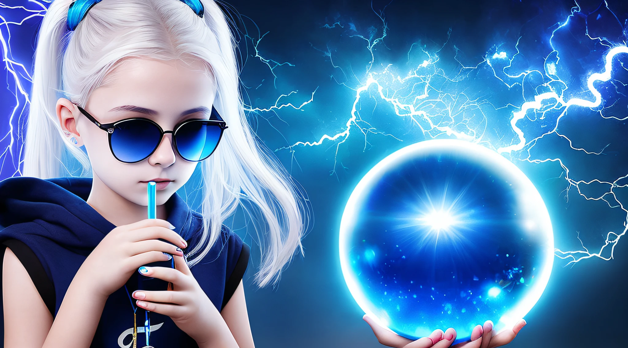 14 YEAR OLD CHILD GIRL WITH SUNGLASSES, WITH PLATINUM HAIR WITH LONG BUN, holding a blue ball in her hands with smoke enveloped by lightning and a dark transparent blue, super realistic coming out of it,.crystal ball, holding a crystal ball.