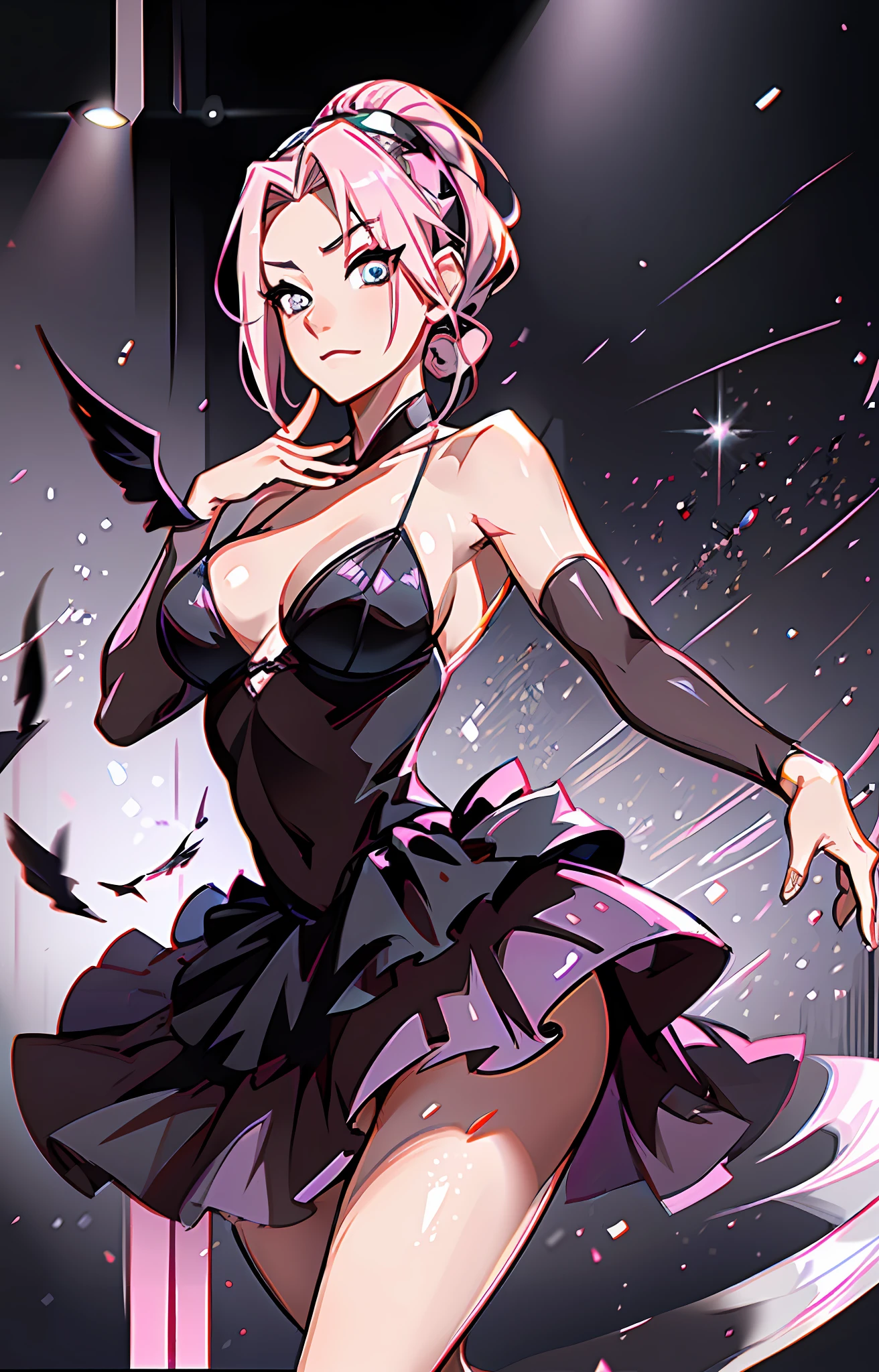 SakuraNS, ((solo)), alone, ((forehead the show)), elegant, wearing a tulle, pink hair, delicate, young, hair in ponytail, detailed face, high definition, ((full body)), full body, ((serious)), on a stage dancing ballet, BALLERINA, she is a beautiful woman of success, face with high quality,BALLERINA, high definition, sharp, sharp features, no bandana, no adornments, half body, Magical environment, dancing black swan, she is a beautiful woman, delicate and charming, sexy eyes, wearing tulle