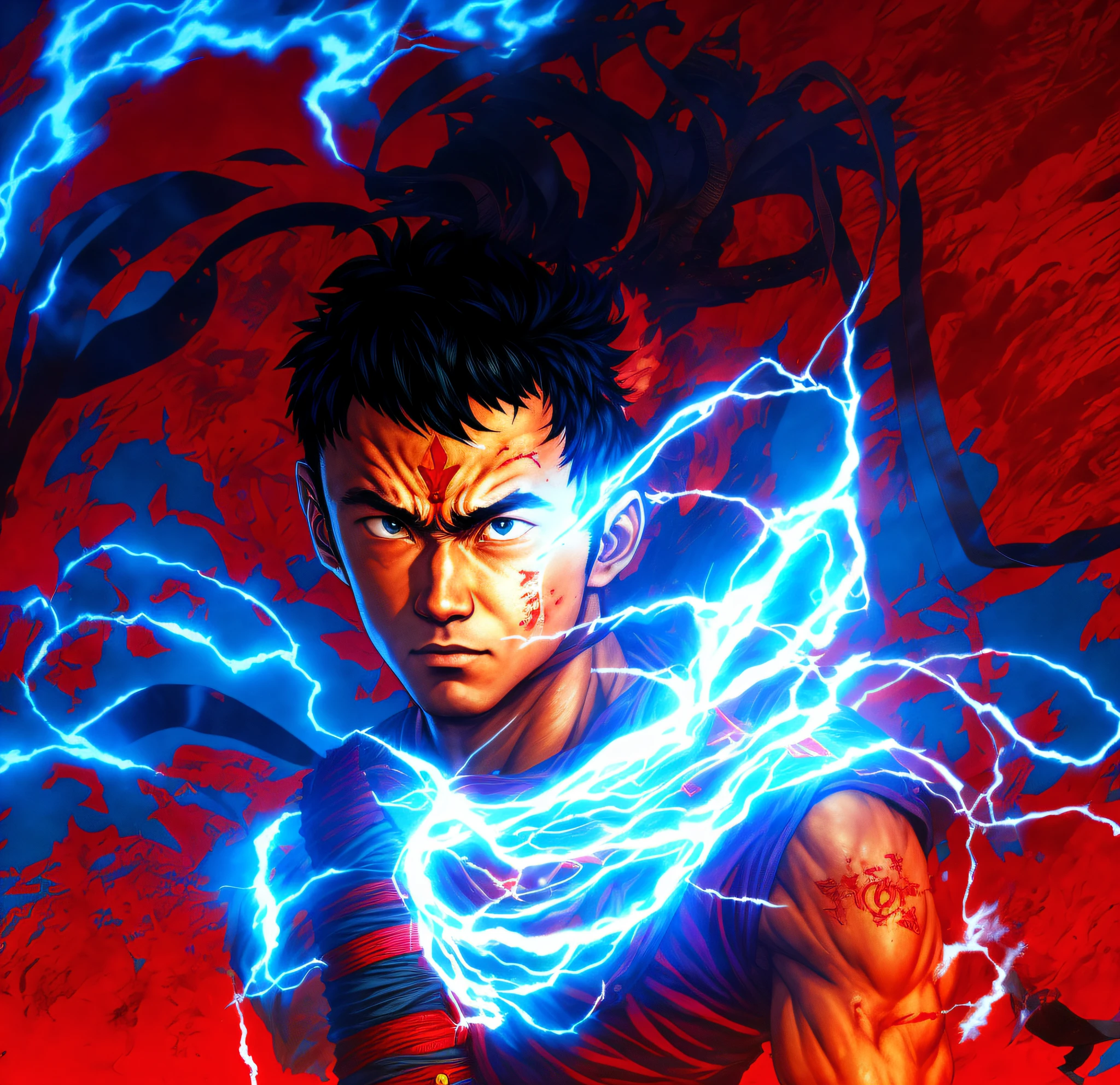 A drawing of a man with a red headband wearing a blue shirt, Akira's Tetsuo, Akira Toriyama style, Street Fighter's Ryu, King of Fighters' character, futuristic Tetsuo. Digital illustrative image in 3 D, resolution 5 K, 8 K.